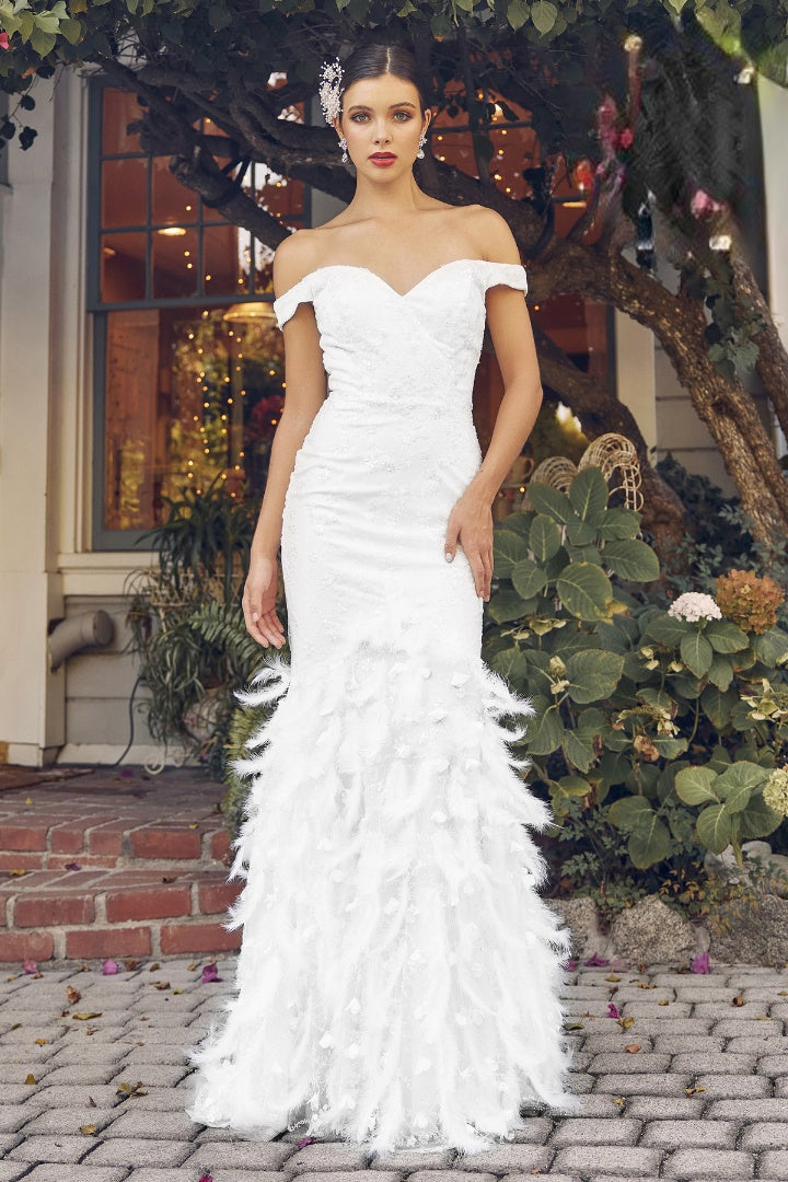 Off The Shoulder Modern Bridal Gown w/ Feathered Skirt & Floral Lace NXC1106W