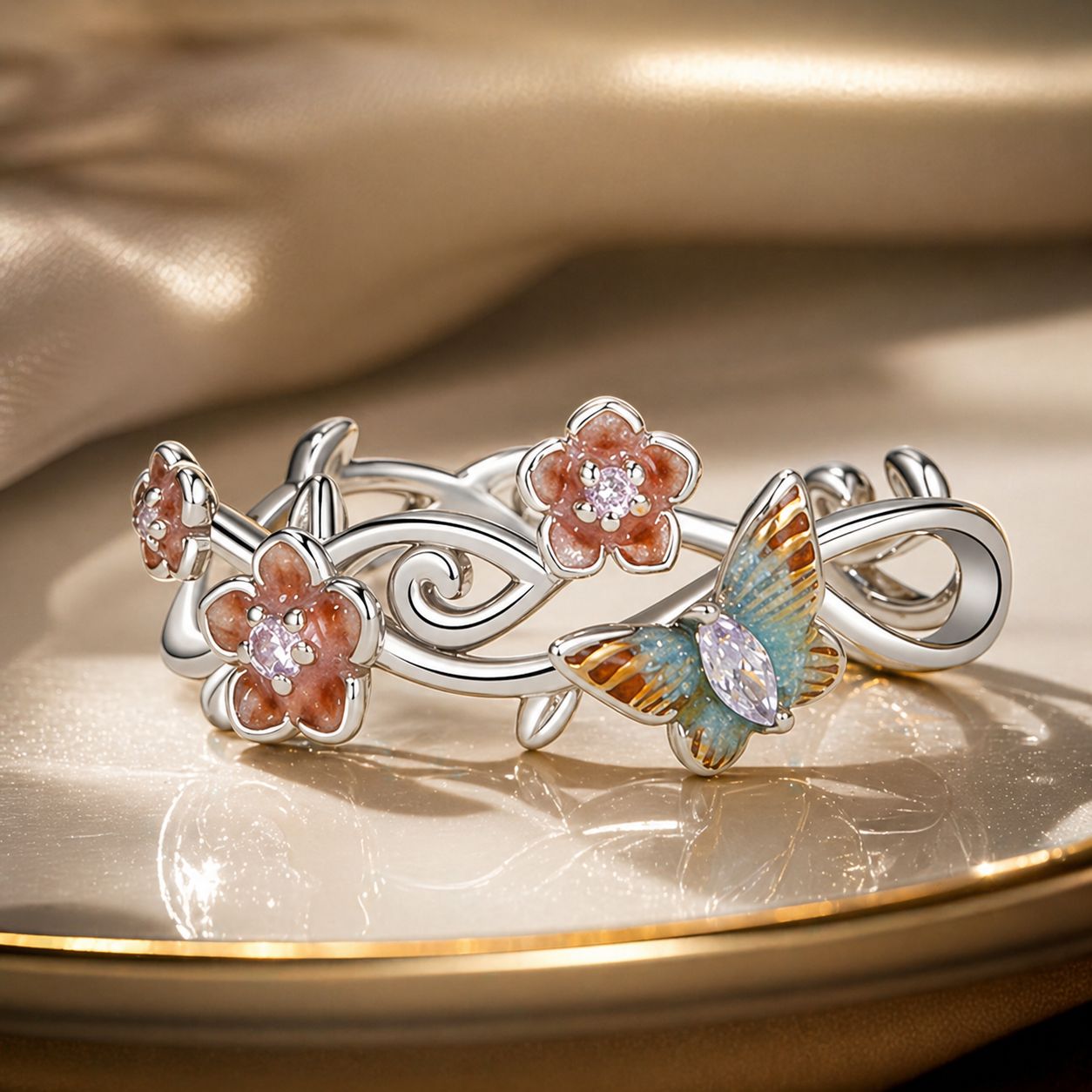 925 Sterling Silver Enamel Pavé Setting Ring for Women