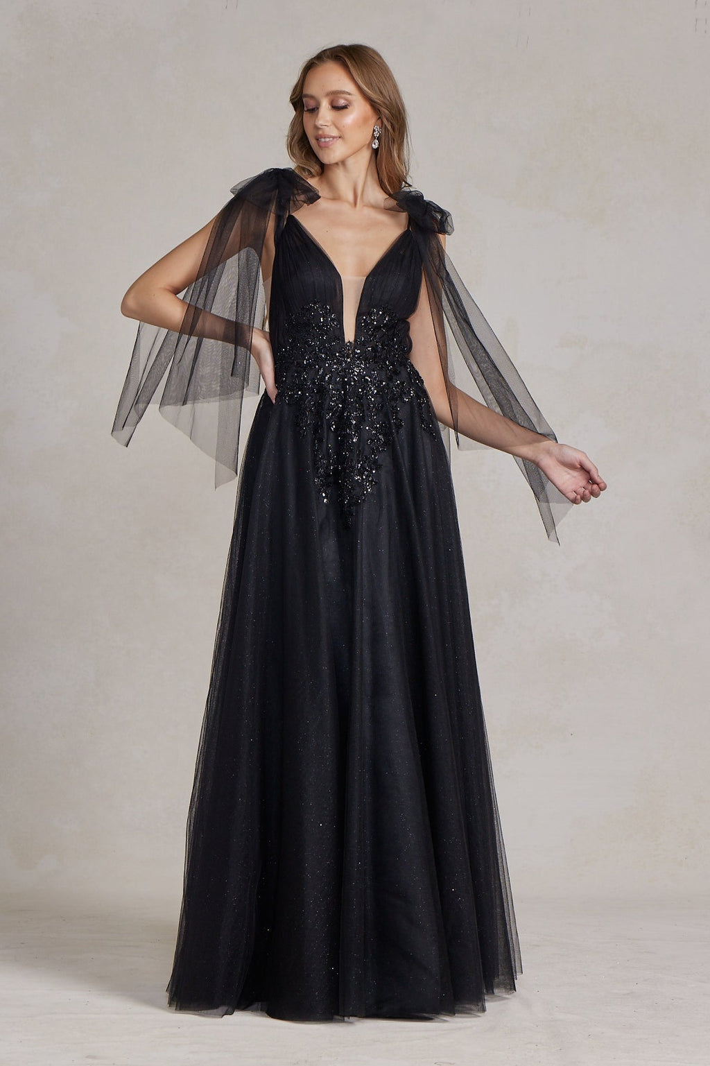 Sleeveless A-Line Lightweight Tulle Gown w/ Plunging Neckline & Off Shoulder Bow Drapes NXE1075