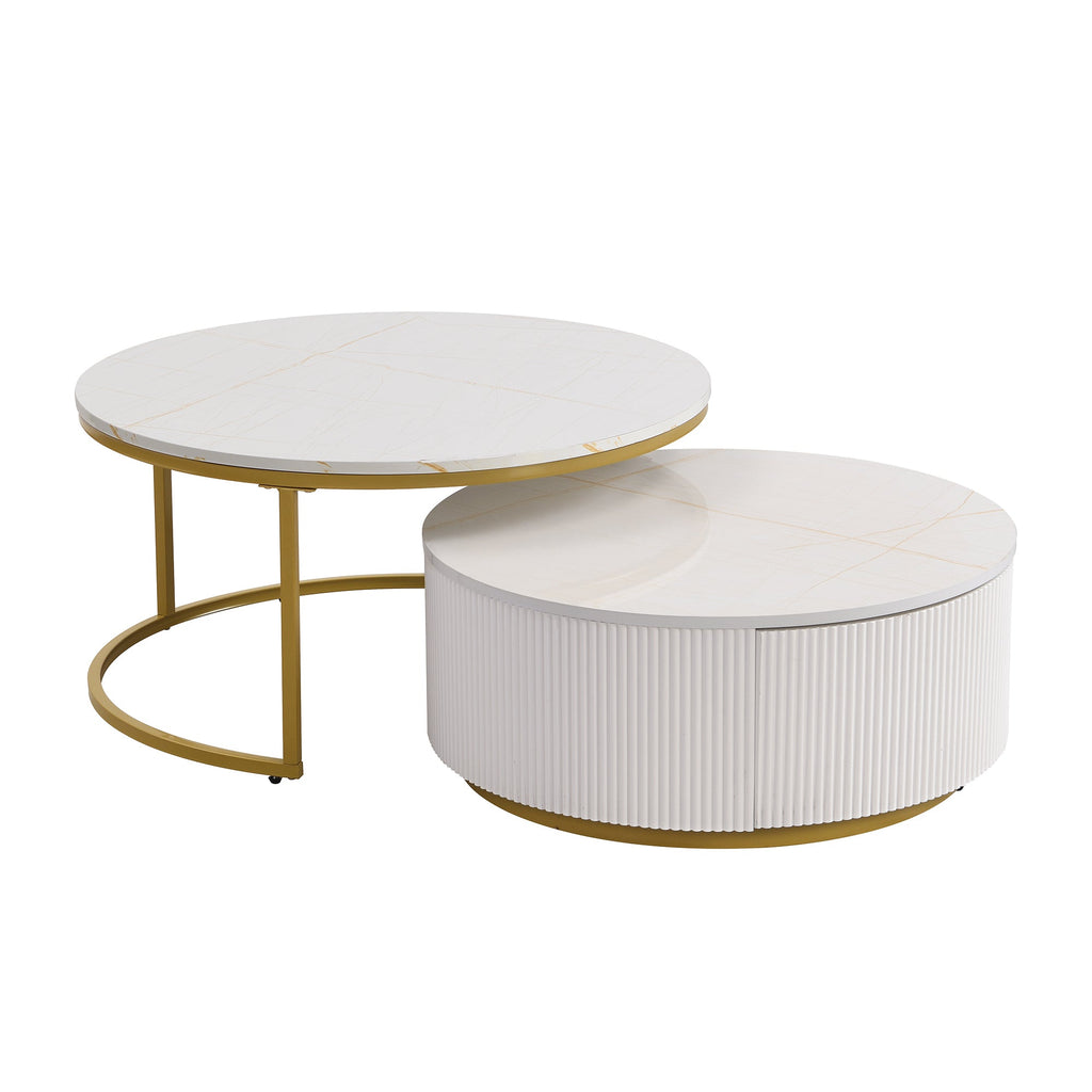 Modern Round Nesting Coffee Table Fluted with Drawer in White & Gold in 31.5''