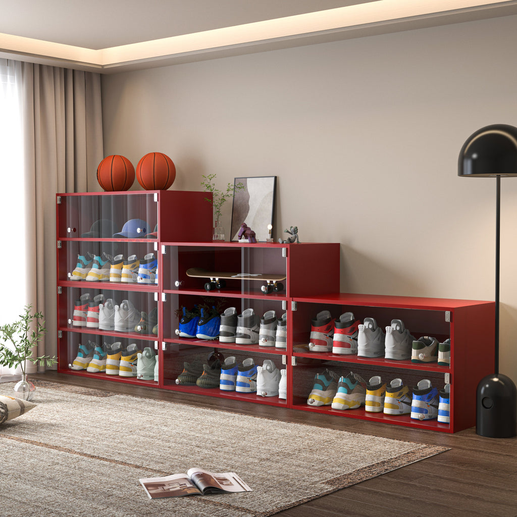 Red Glass Door Shoe Box Shoe Storage Cabinet For Sneakers With RGB Led Light