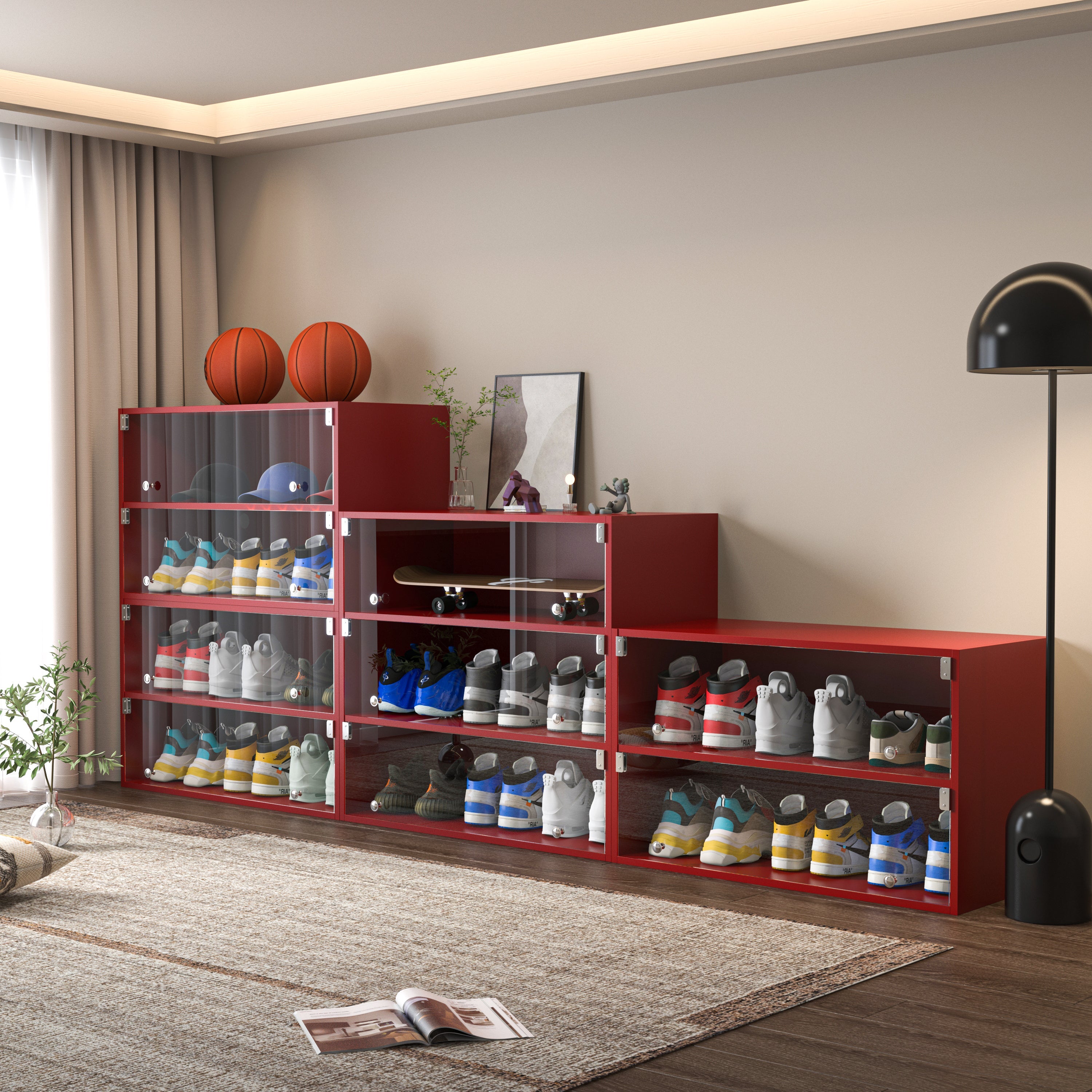 Red Glass Door Shoe Box Shoe Storage Cabinet For Sneakers With RGB Led Light