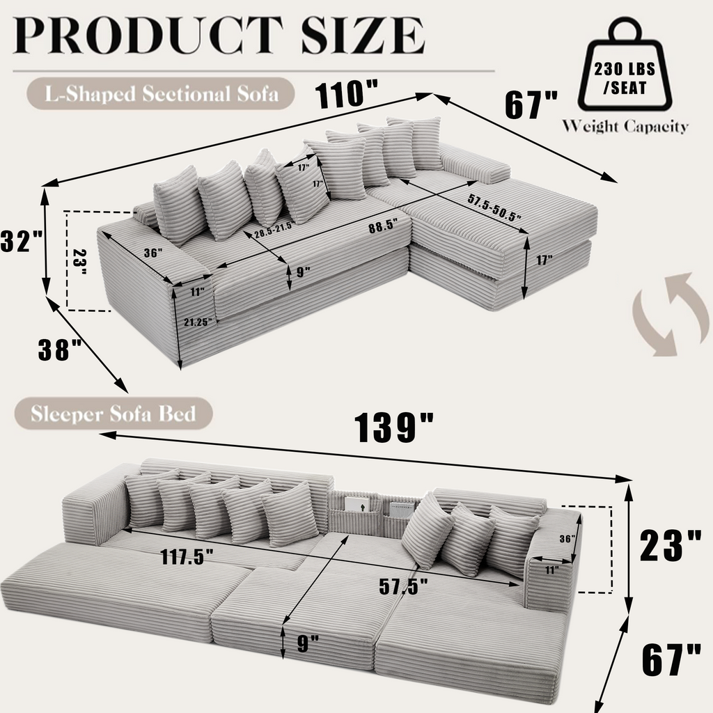 [NEW ARRIVED] [VIDEO PROVIDED] Oversize Cloud Couch, L-Shape Sofa, Convertible Floor Sleeper Sofa Bed, No Assembly ,Eight pillows,3-in-1,Magazine bag,(Right Facing Sofa),3 Seat,Corduroy,Light Gray