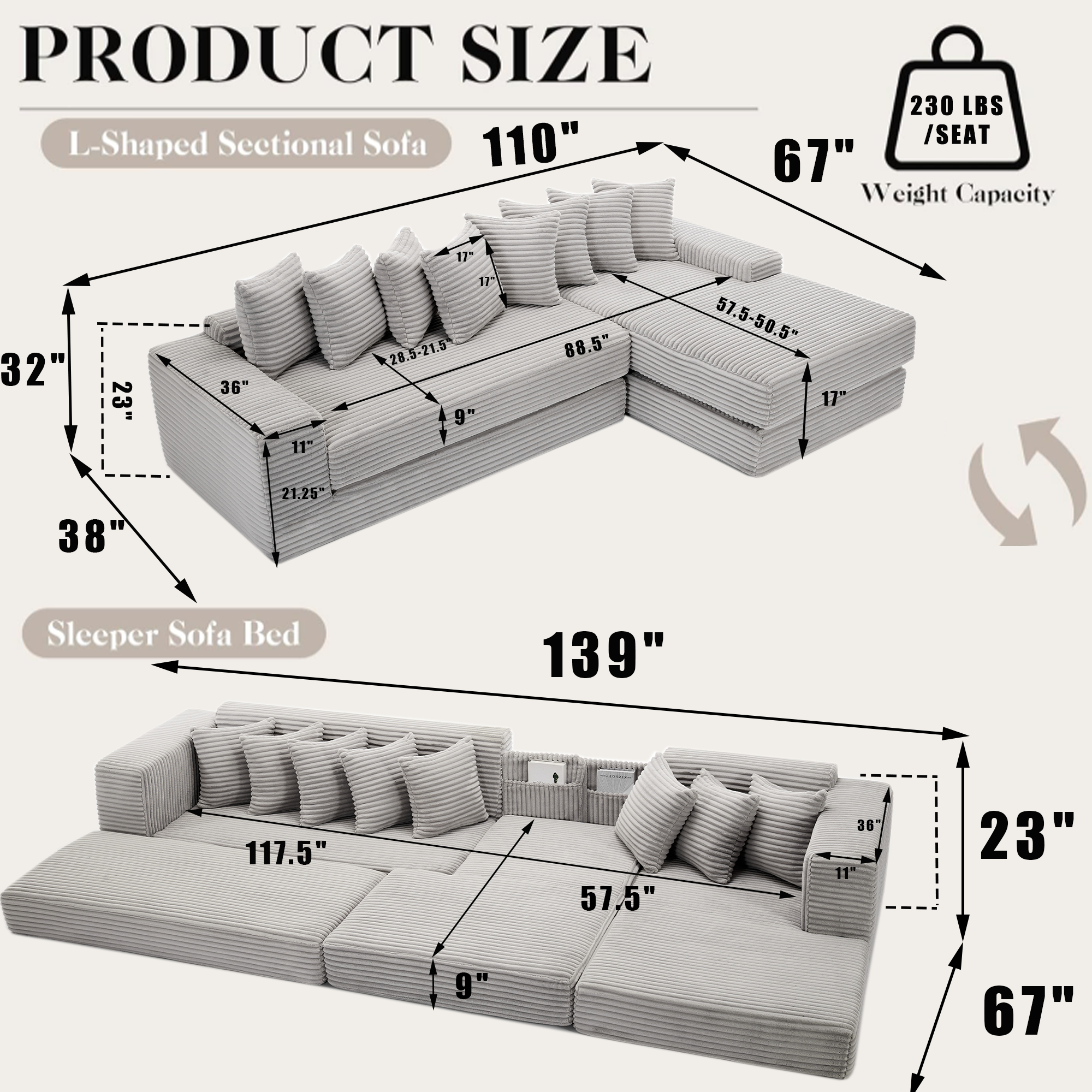 [NEW ARRIVED] [VIDEO PROVIDED] Oversize Cloud Couch, L-Shape Sofa, Convertible Floor Sleeper Sofa Bed, No Assembly ,Eight pillows,3-in-1,Magazine bag,(Right Facing Sofa),3 Seat,Corduroy,Light Gray