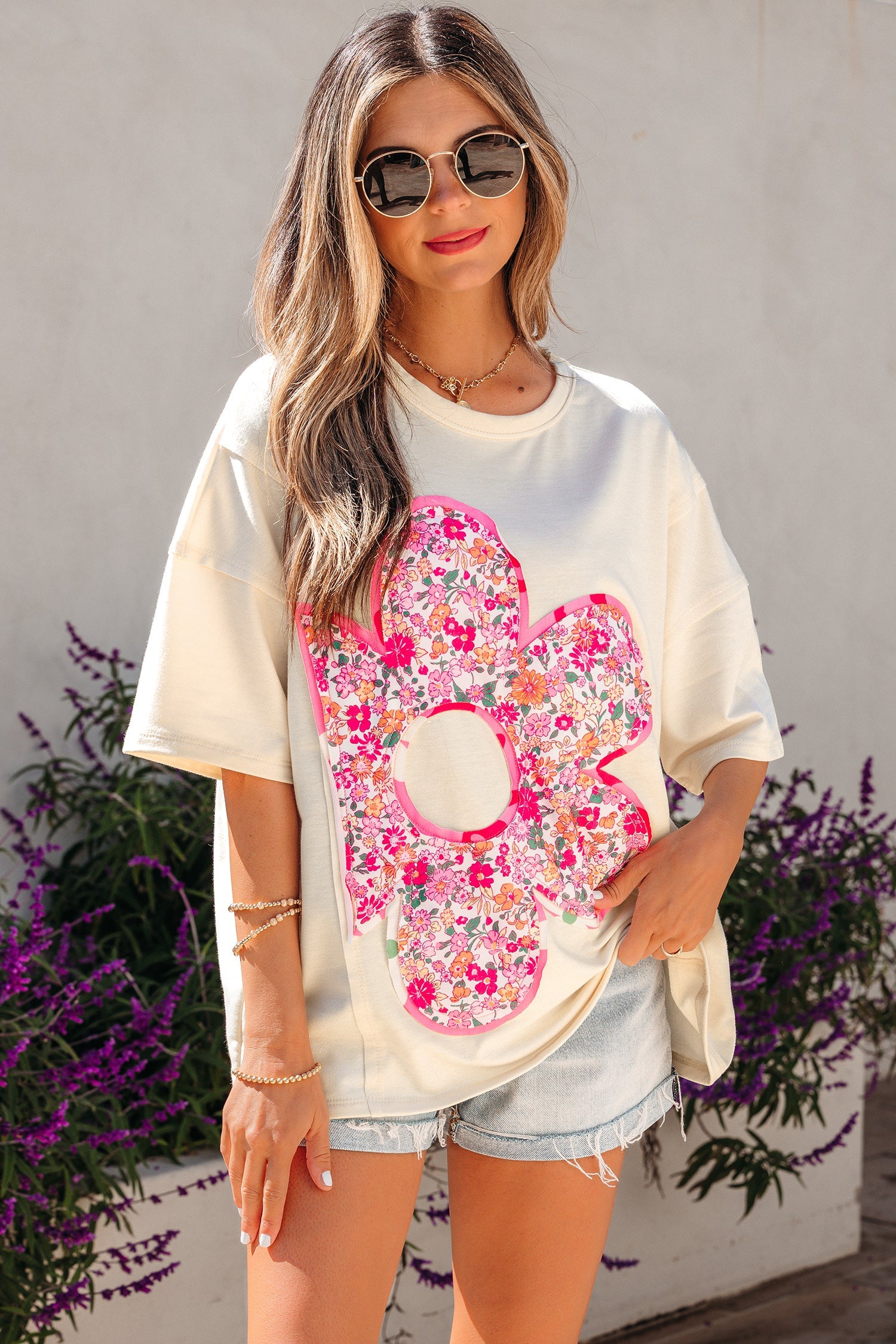 Floral Patchwork Raw Seam Oversize Tee