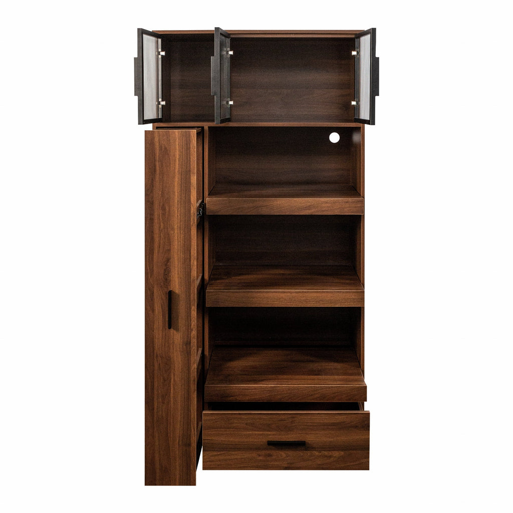 70.87' Tall Kitchen Pantry Cabinet with multi-functional pull-out multi-tier storage shelf, 1 Drawers,with Aluminum frame glass door,Freestanding Food Hutch with Microwave Stand for Dining Room
