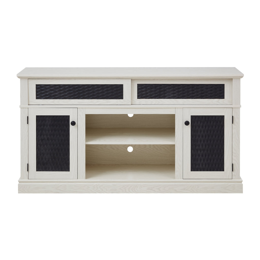 Embossed Pattern TV Stand, TV and Media Console with Open and Closed Storage Space and sliding door for Living Room & Bedroom,White, 58.27'W*15.35'W*31.7H