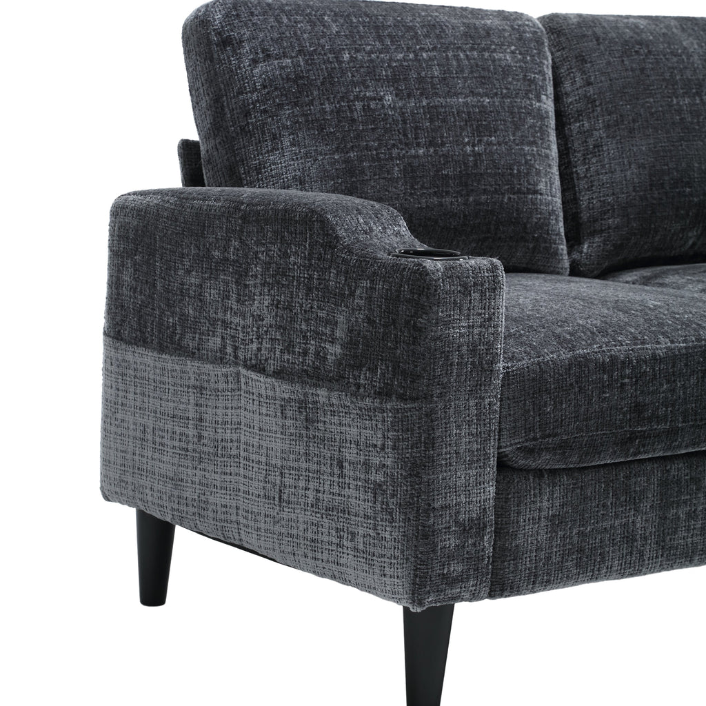 UNITED  WE WIN Sofa for three, solid wood frame, Chenille fabric, side pocket, with two cup holders, footstool with storagestorage sofa /Living room sofa cozy sectional  sofa