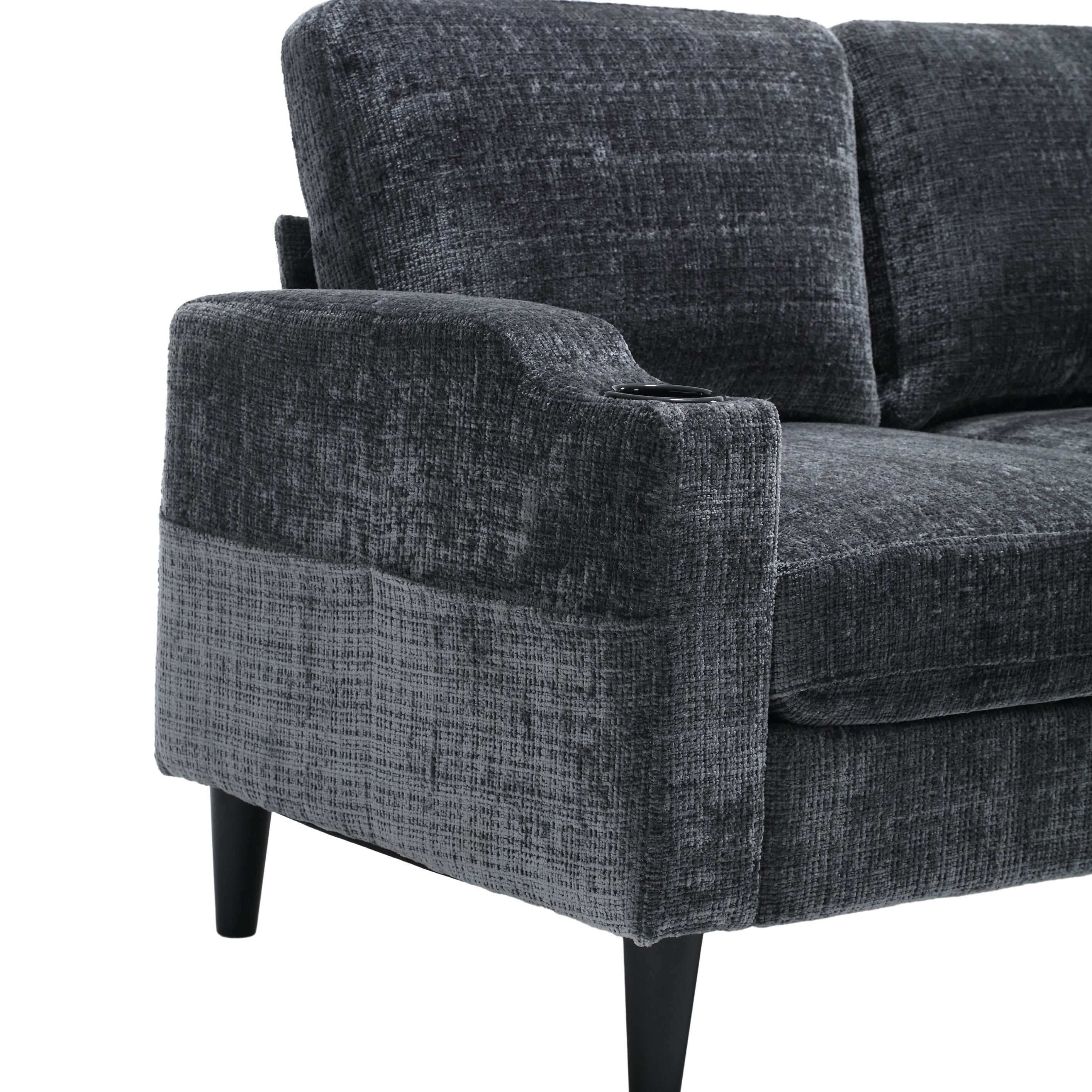 UNITED  WE WIN Sofa for three, solid wood frame, Chenille fabric, side pocket, with two cup holders, footstool with storagestorage sofa /Living room sofa cozy sectional  sofa