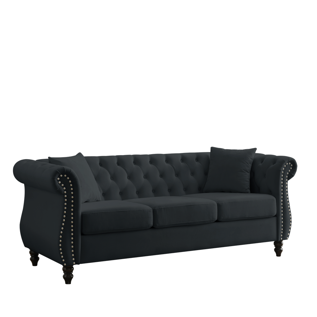 [Video] 80' Chesterfield Sofa Black Velvet for Living Room, 3 Seater Sofa Tufted Couch with Rolled Arms and Nailhead for Living Room, Bedroom, Office, Apartment, two pillows