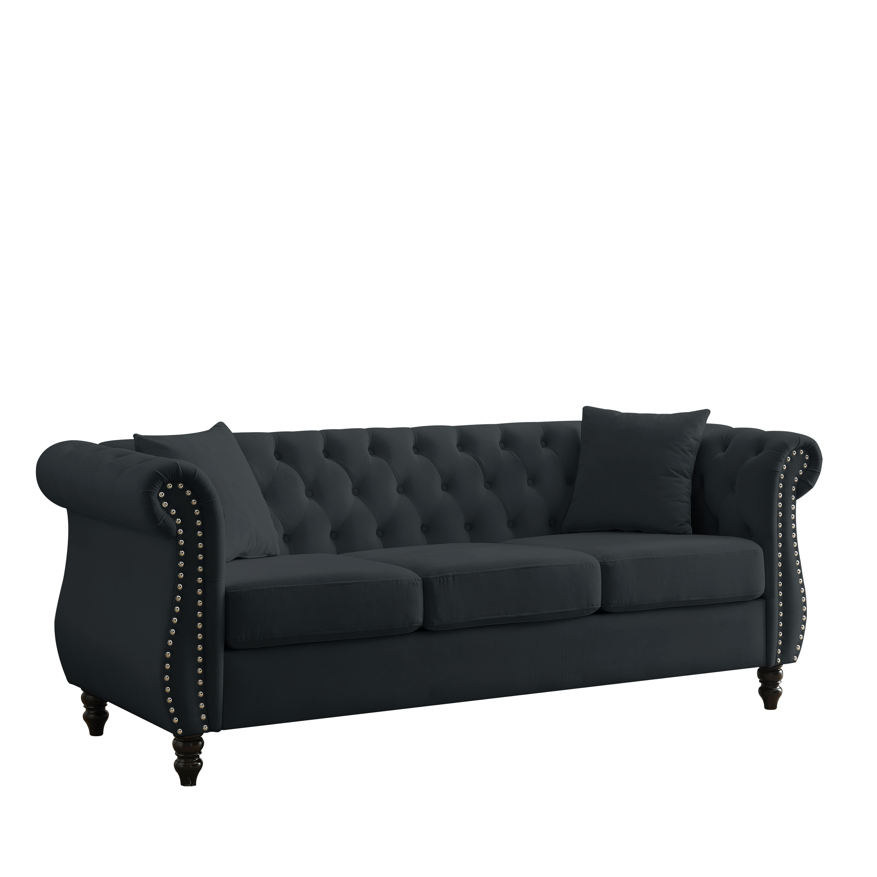 [Video] 80' Chesterfield Sofa Black Velvet for Living Room, 3 Seater Sofa Tufted Couch with Rolled Arms and Nailhead for Living Room, Bedroom, Office, Apartment, two pillows