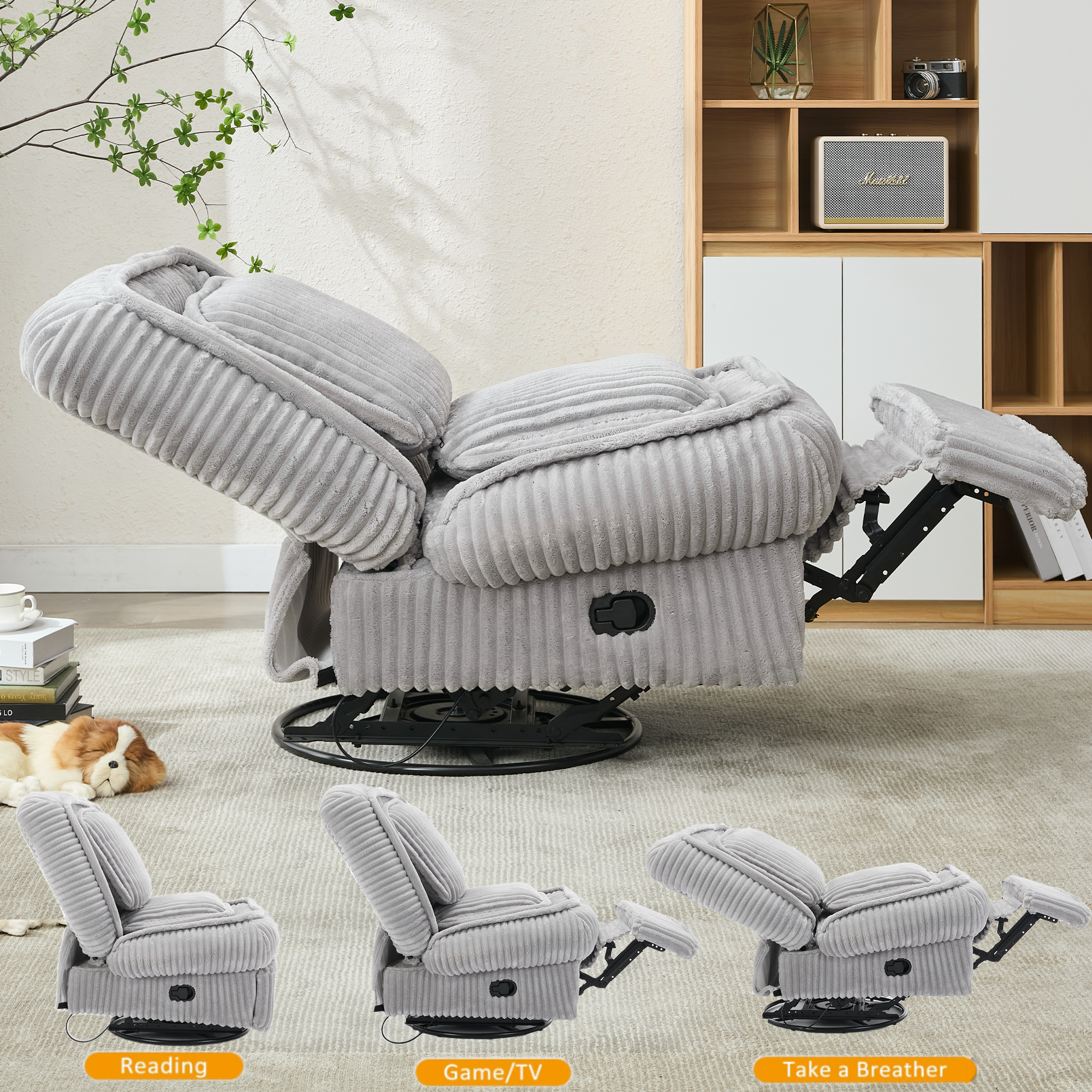 [NEW ARRIVED] 360° Swivel Rocking Single Sofa,Recliner Sofa, Manual Glider Rocking Armless Chair,Living Room Office, With Adjustable Backrest and Footrest and pillows, Small Spaces,Corduroy , Gray
