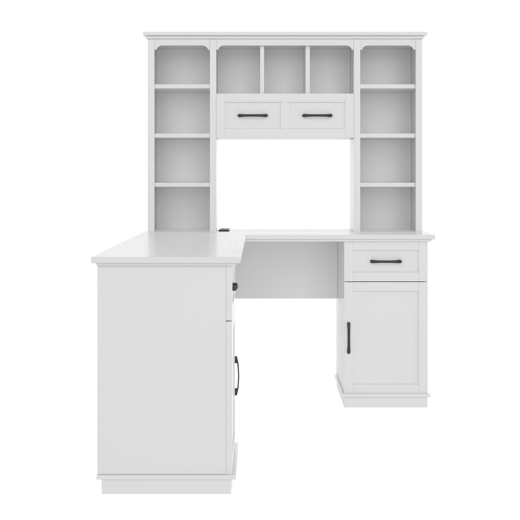 L-Shaped Computer Desk with 2 Cabinets and 2 Drawers, 11 Open Shelves , with Electrical Outlet, for Study, Living Room and Office, White