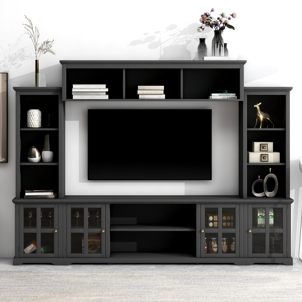 [VIDEO provided] ON-TREND Minimalism Entertainment Wall Unit with Bridge, Modern TV Console Table for TVs Up to 70', Multifunctional TV Stand with Tempered Glass Door, Black (Old SKU: SD000009AAB)