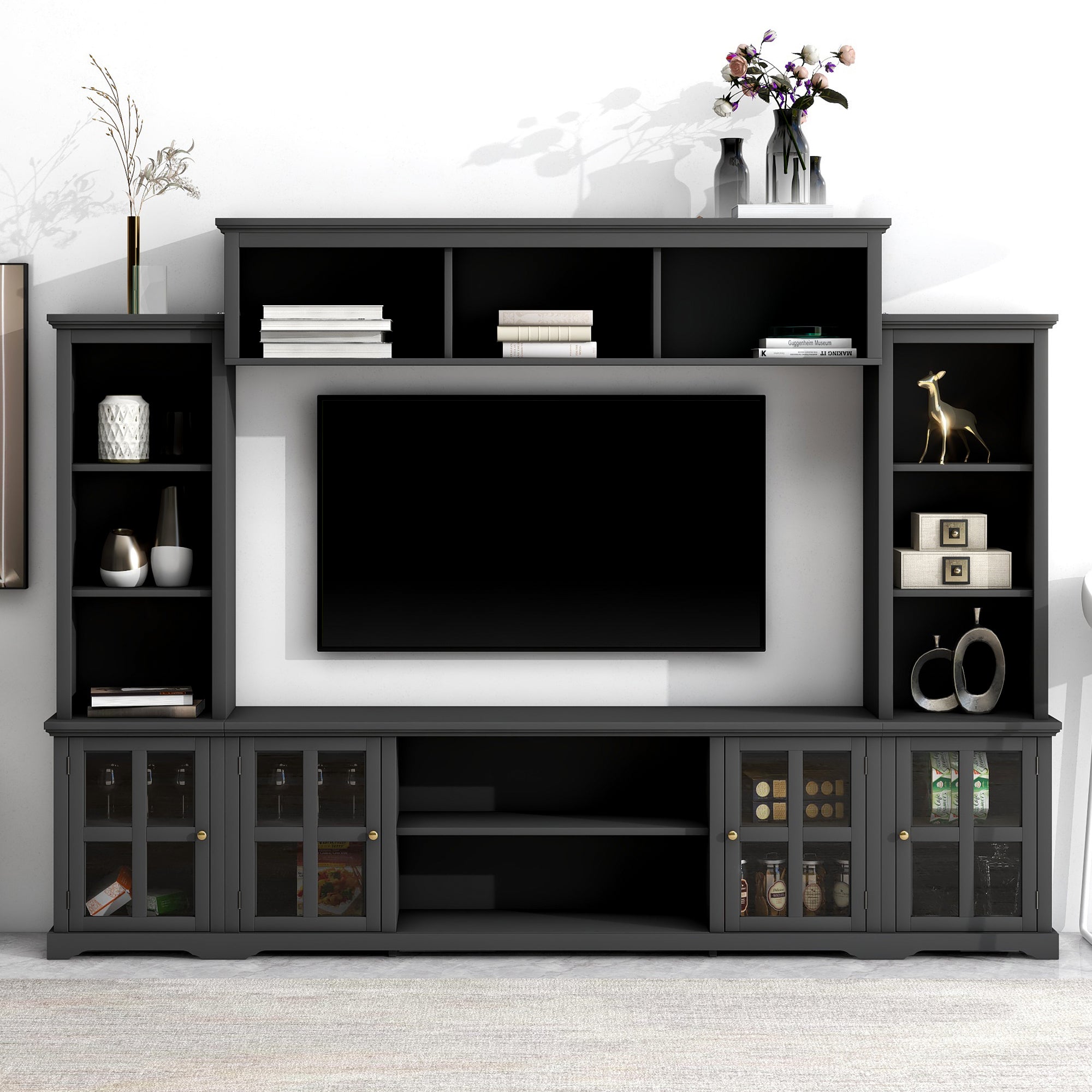 [VIDEO provided] ON-TREND Minimalism Entertainment Wall Unit with Bridge, Modern TV Console Table for TVs Up to 70', Multifunctional TV Stand with Tempered Glass Door, Black (Old SKU: SD000009AAB)