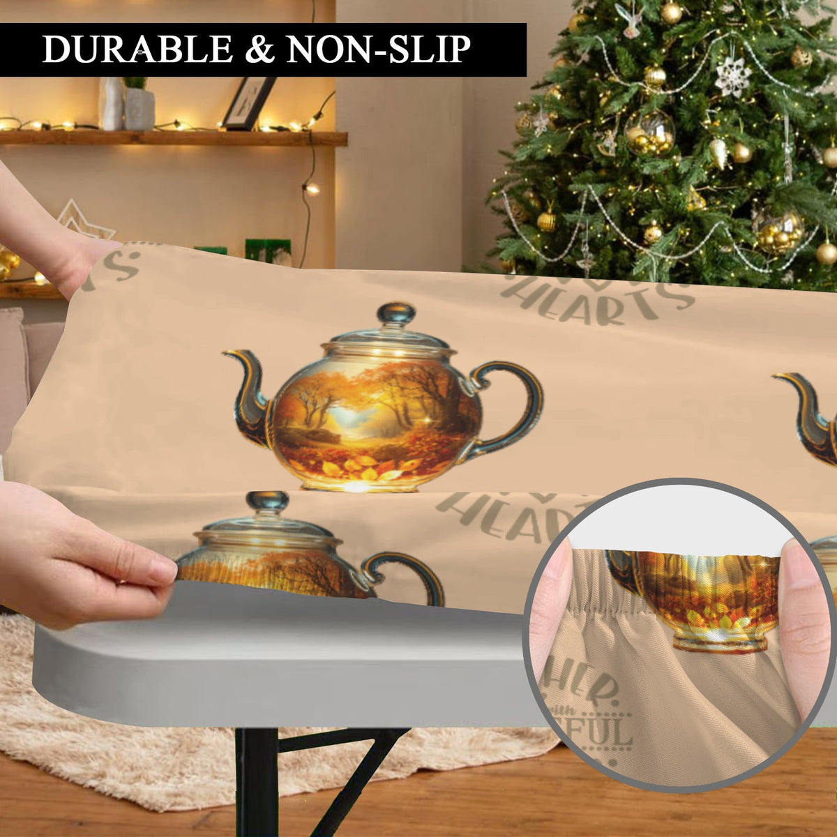 Gather with Grateful Hearts Teapots Thanksgiving Elastic Table Cover - 72" x 30" (Made in USA)