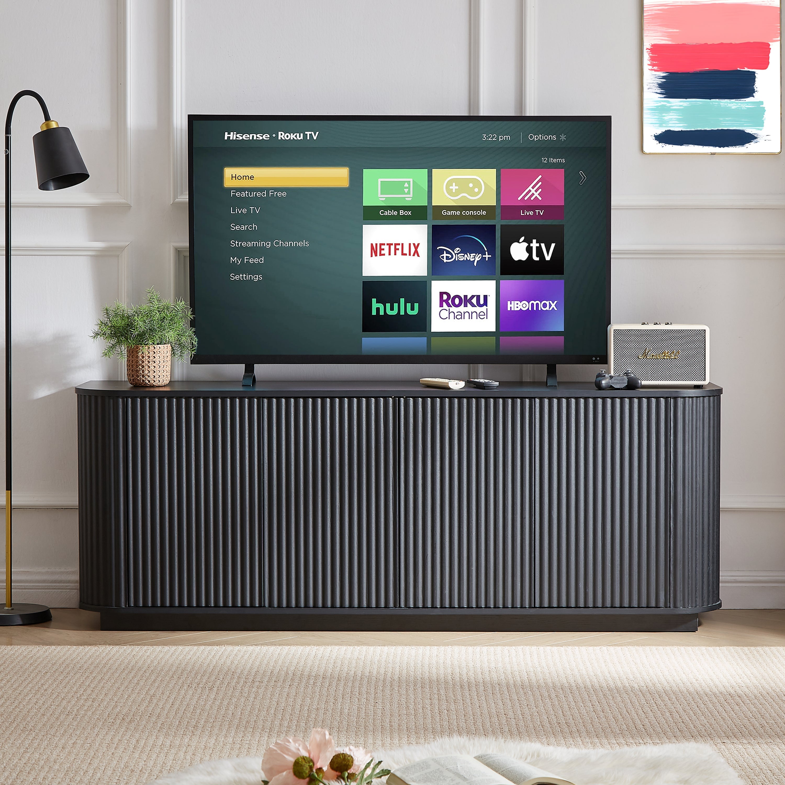 Sideboard Storage Cabinet TV Stand with wave pattern Buffet Cabinet Wooden Vertical Striped Cabinet for Kitchen/Bedroom/Entryway. Black, 64''W x 15''D x 24''H.
