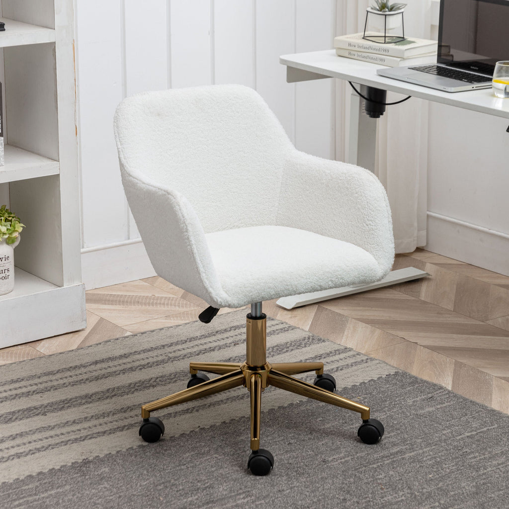Modern Home Office Chair with Adjustable Height and Gold Metal Legs, White Teddy Fabric