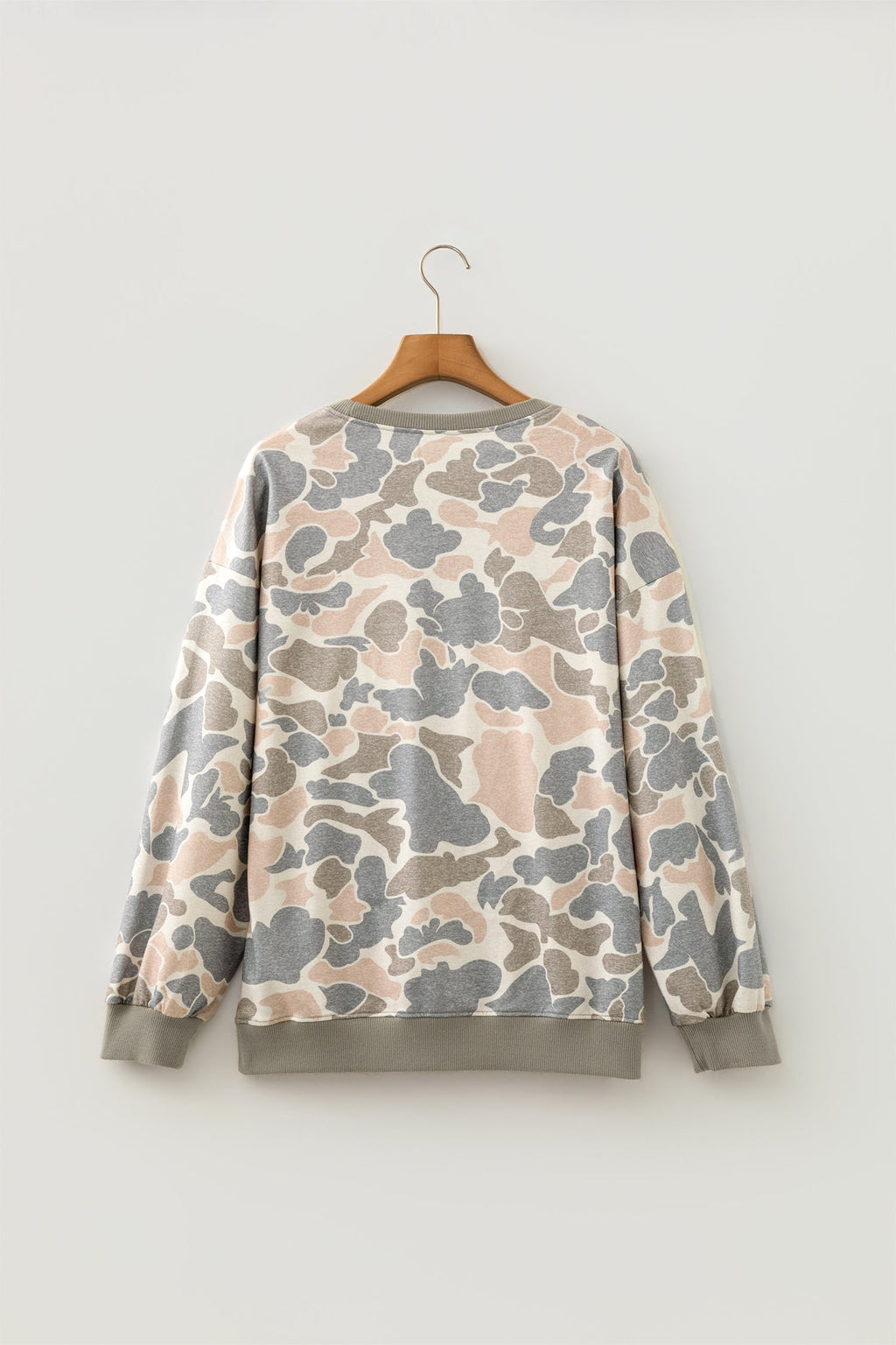 Camo Ribbed Trim Crew Neck Pullover Sweatshirt