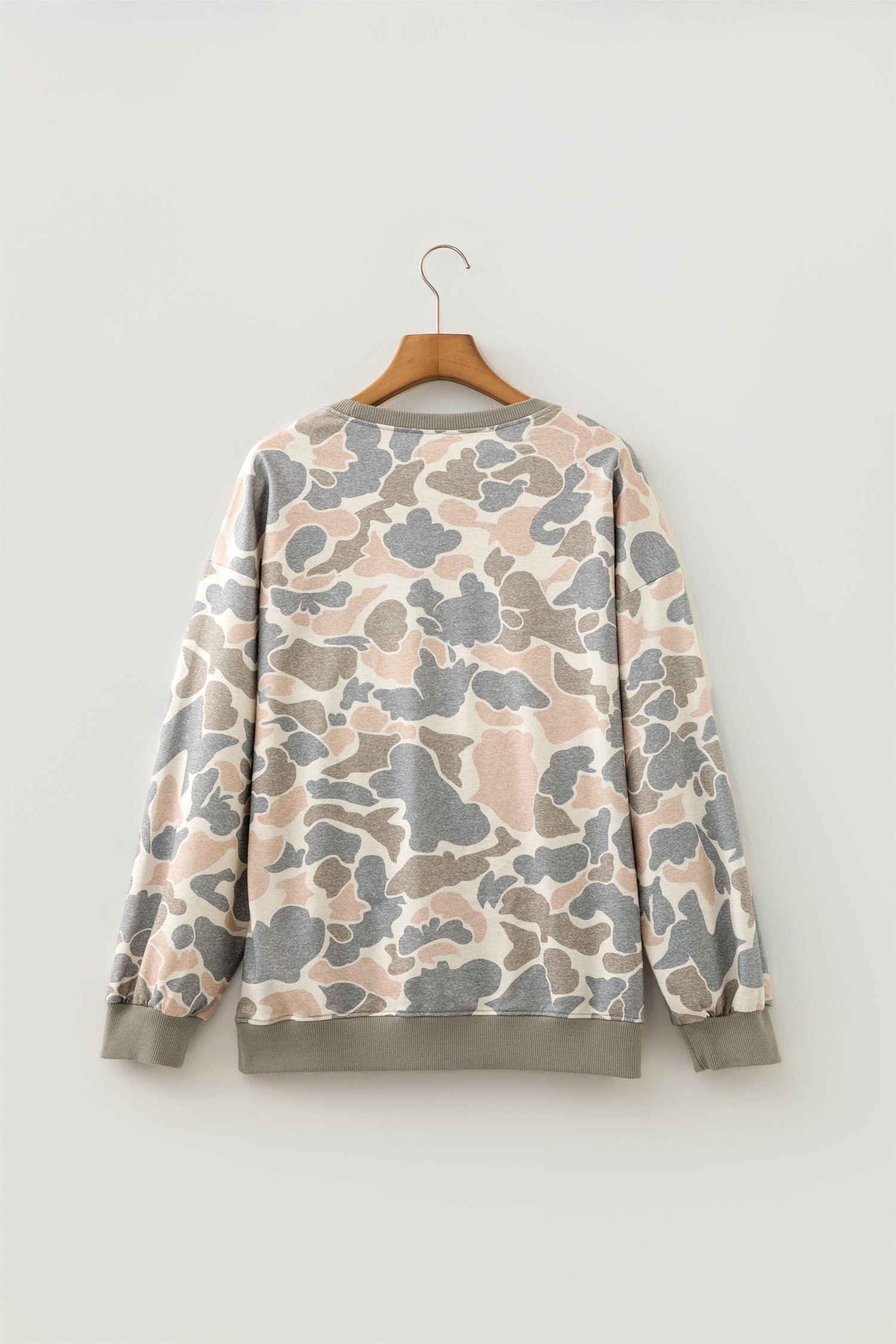 Camo Ribbed Trim Crew Neck Pullover Sweatshirt