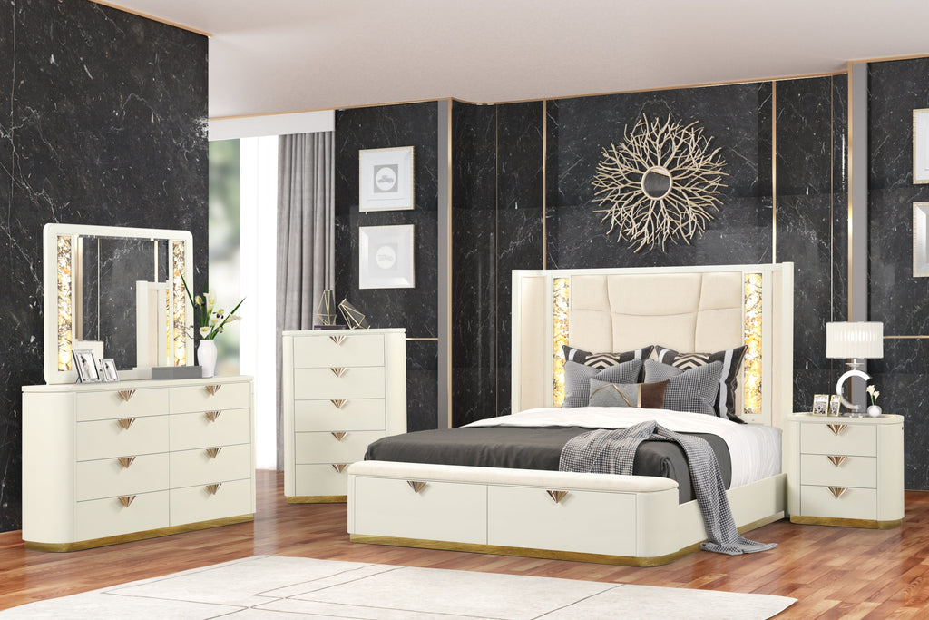La Pierre Modern Style 5 Pc Queen Upholstered Bedroom Set Made with Wood and Gold Accents in Beige(NJ INVENTORY)