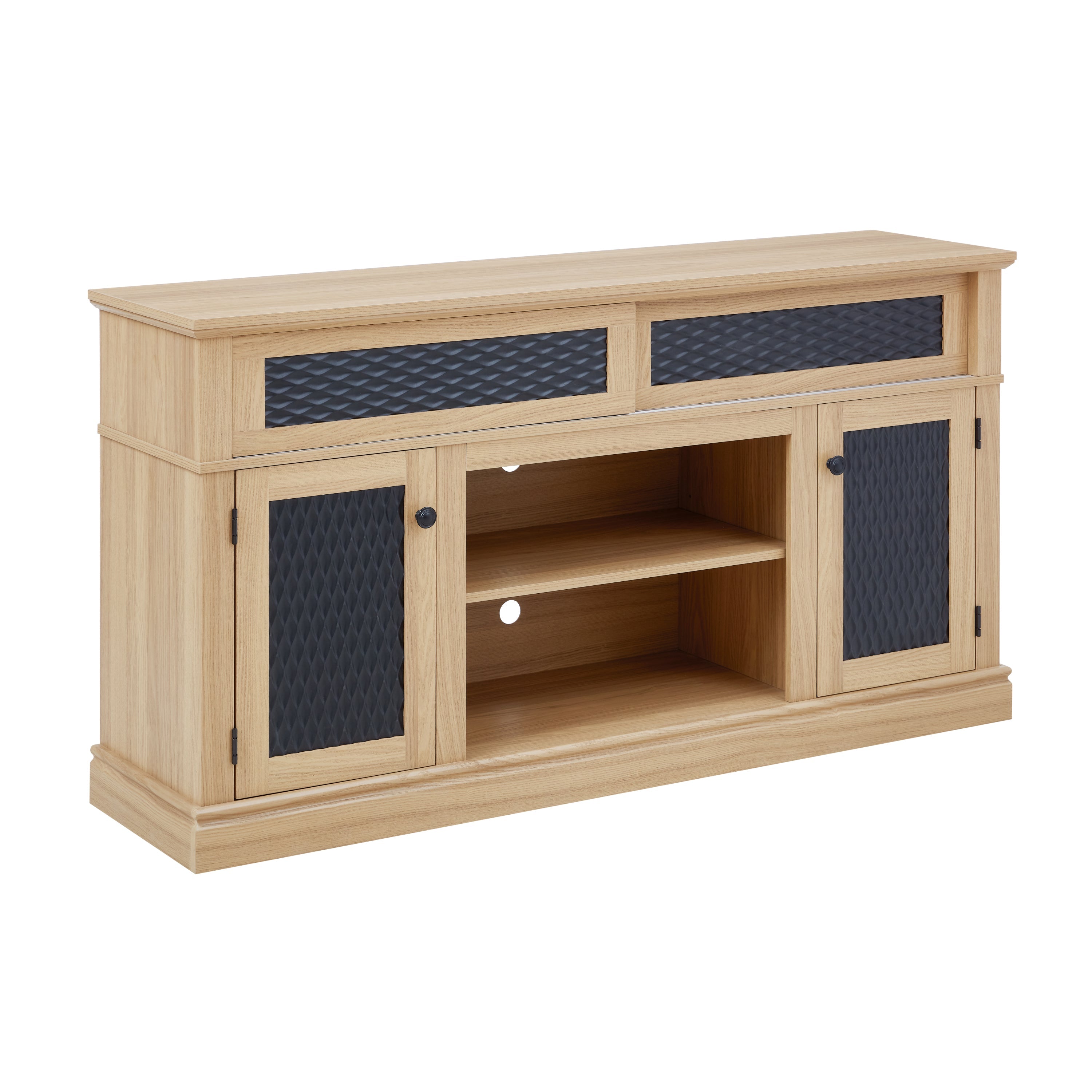 Embossed Pattern TV Stand, TV and Media Console with Open and Closed Storage Space and sliding door for Living Room & Bedroom, LIGHT OAK, 58.27'W*15.35'W*31.7H