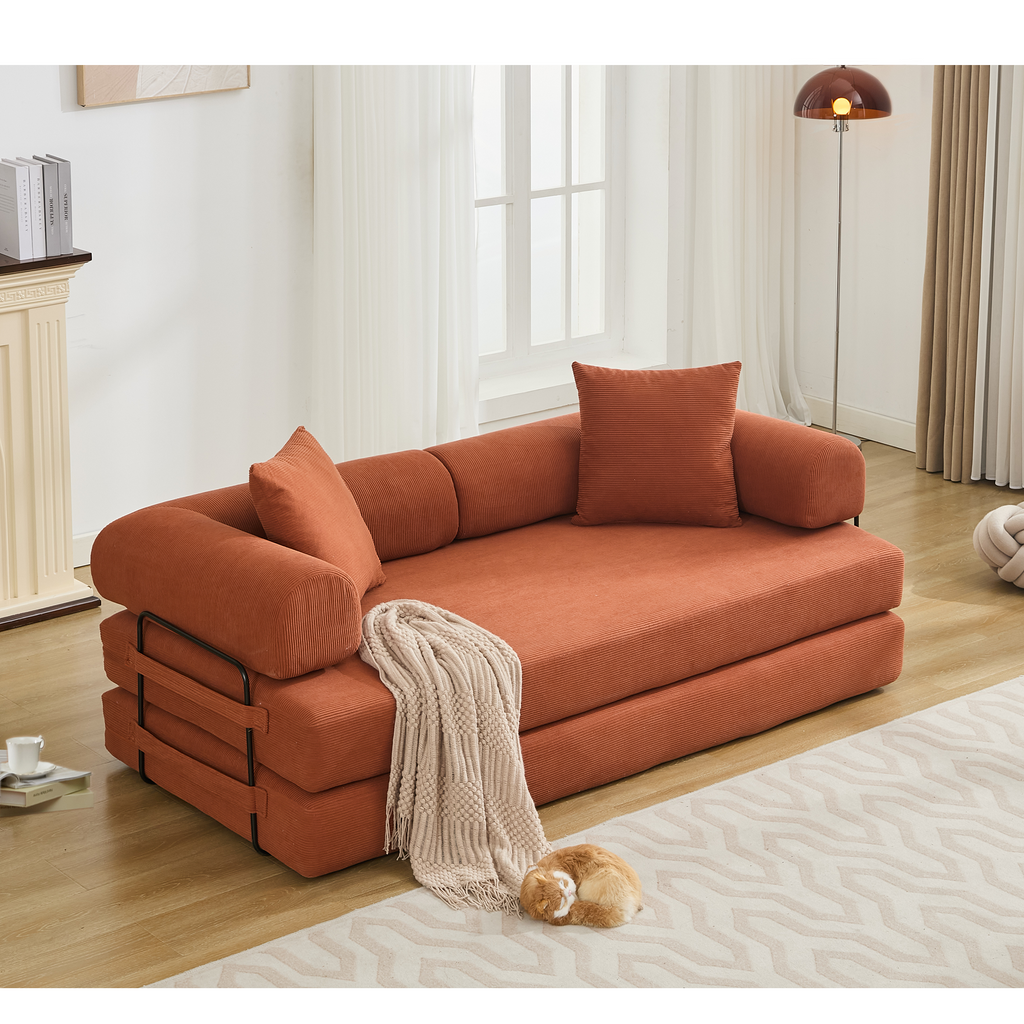 [NEW ARRIVED] [VIDEO PROVIDED] 78.5' Folding Convertible Out Sleeper Sofa Bed,4-in-1 DIY Combination Convertible Sofa, 3 seat, Folding Sleeper Sofa, King Size , Bedroom,Apartment,Corduroy,Orange