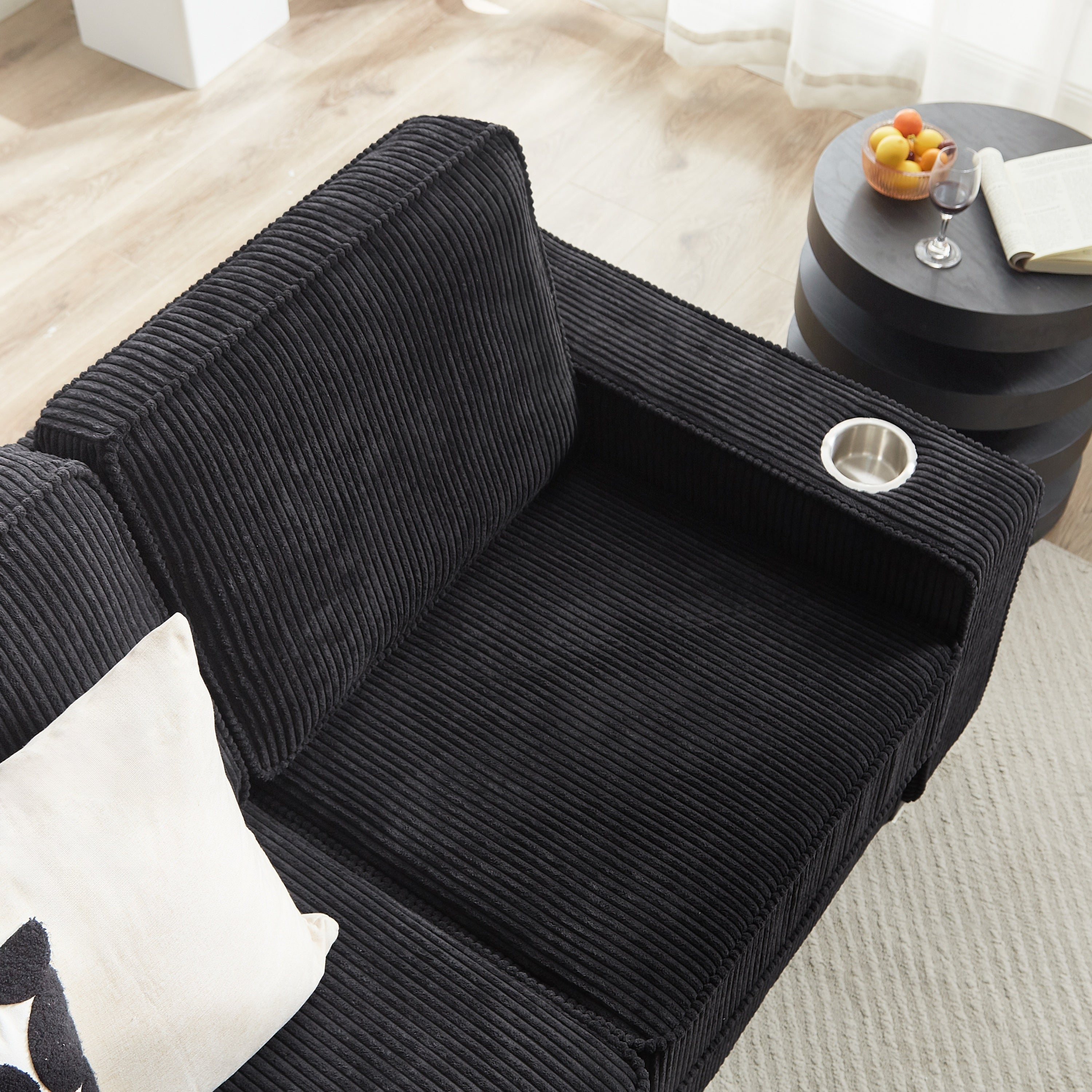 Modern Corduroy Fabric Sofa, 3-Seater Compressed Couch with Cup Holders, Black, 84.25'