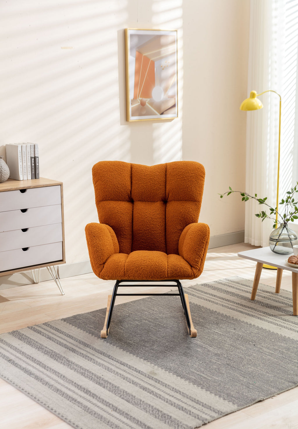 050-Teddy Fabric Rocking Gilder Nursery Chair For Living Room Indoor,Caramel