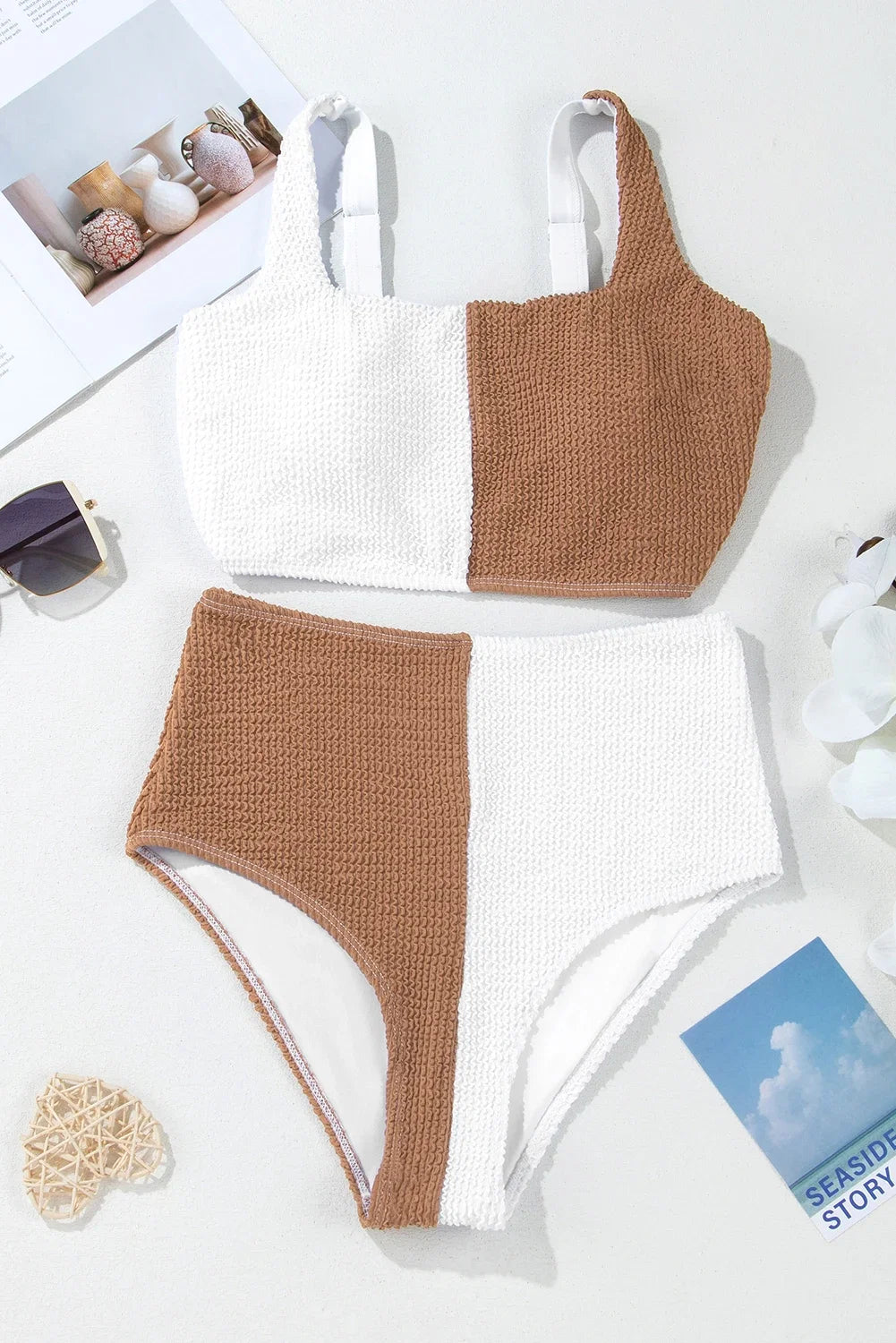 Colorblock Corded Top & High Waist Bikini Set