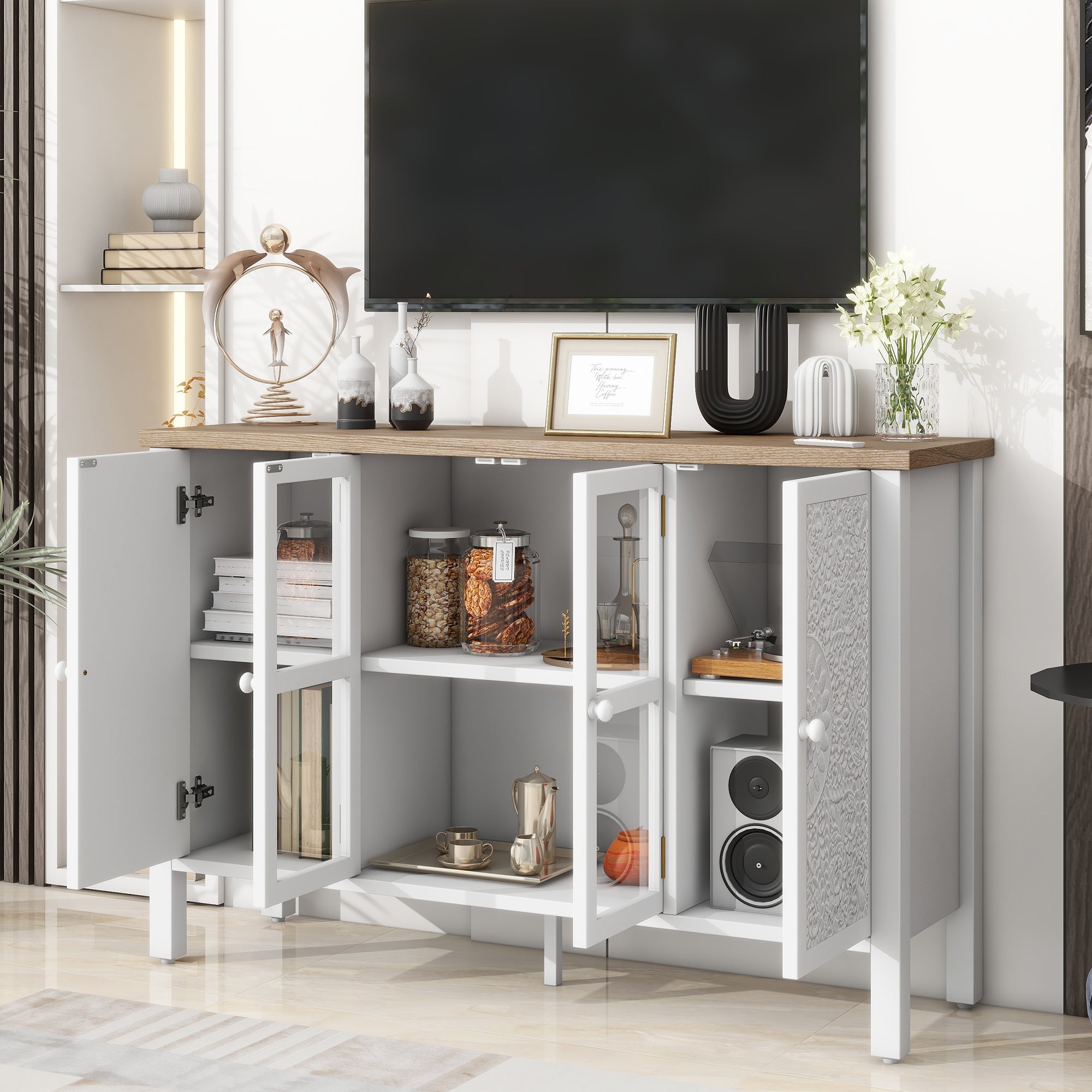 U-Can 47.2'' Retro TV Stand for TVs up to 43 Inches, Entertainment Center Media Console Cabinet with 3 Spacious Cabinets, Glass Cabinet Doors and Anti-tip Device for Living room