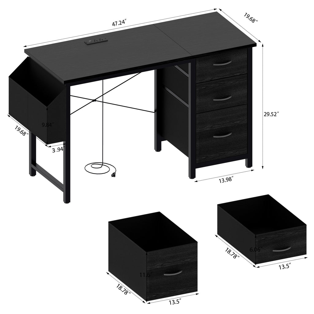 47.3'office desk with power outlet,3 drawers,Large Side Pocket, Desk Easy to Assemble,Frame stability Reversible,  for home desk, computer desk, game table,Writing desk,Vanity table, black