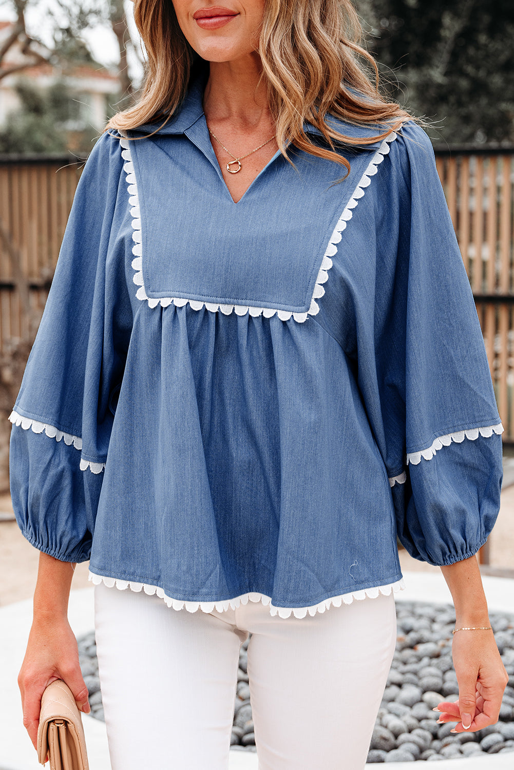 Solid Lace Ric-Rac 3/4 Sleeve Babydoll Blouse