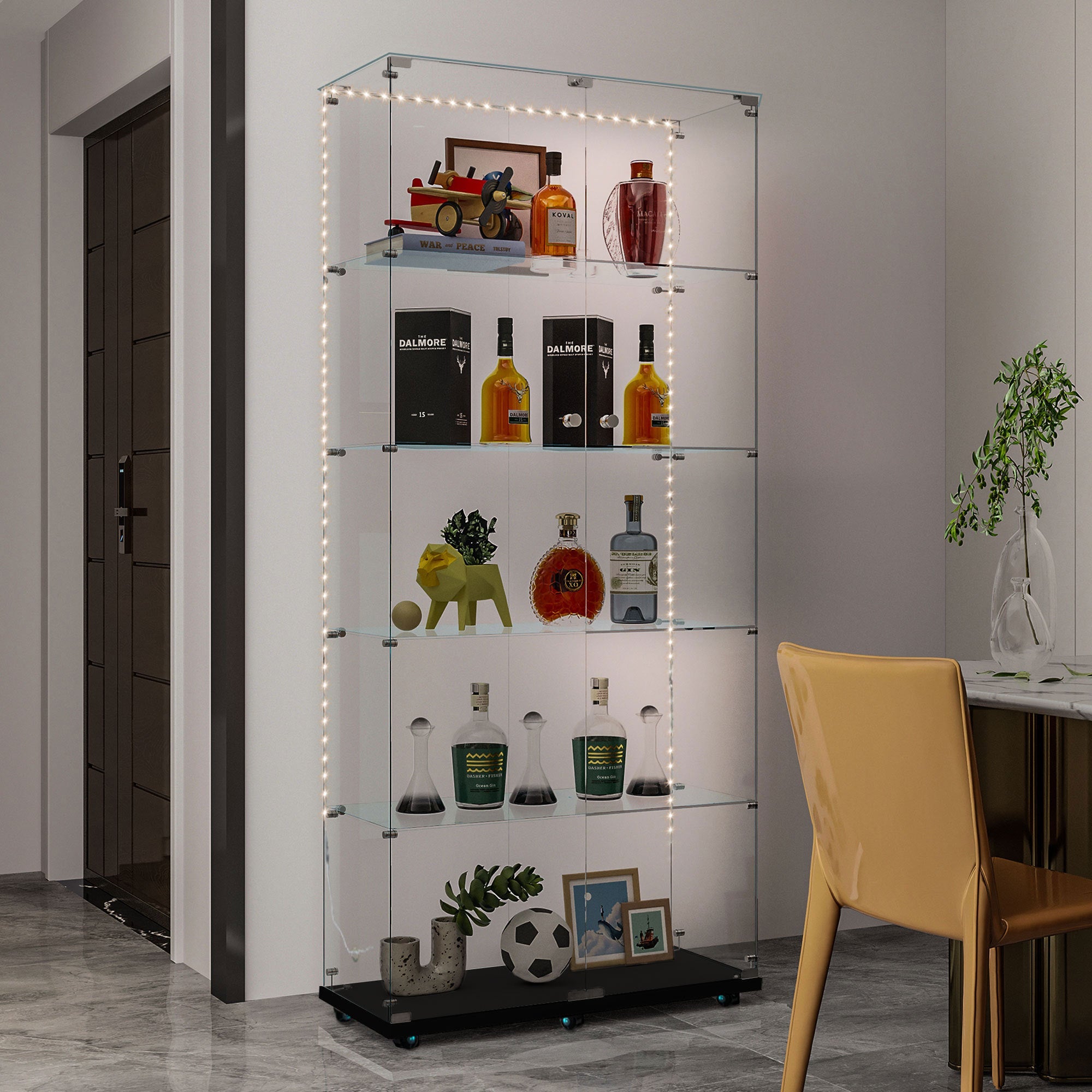 Tempered Glass Display Cabinet, Wine Cabinet, Storage Cabinet, File Cabinet with Bluetooth LED Light Strips, Lock on Door, Tempered Glass Top, Casters at Bottom for Easy Movement, Color: Black