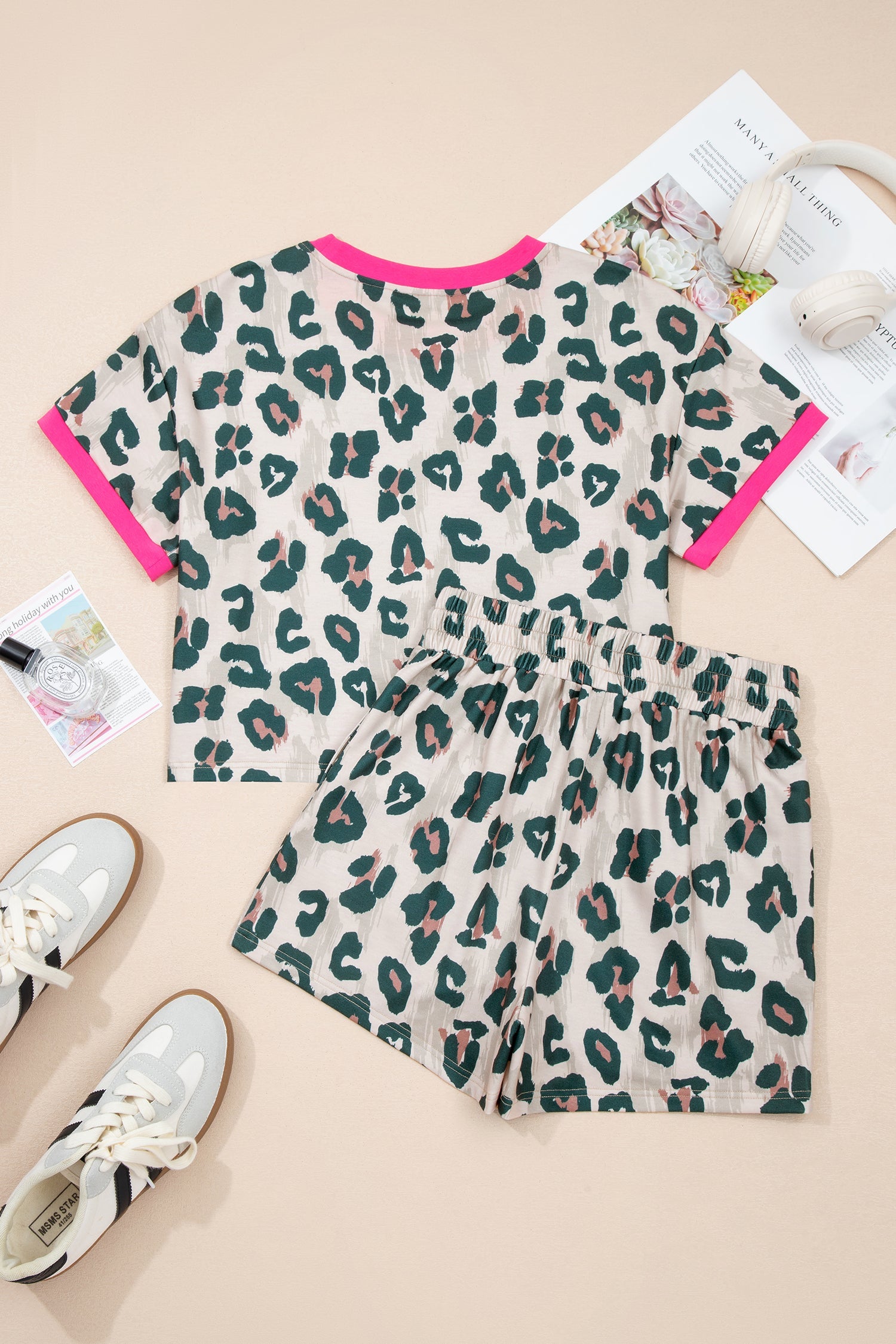 Leopard Contrast Trim Top & High Waist Shorts Set