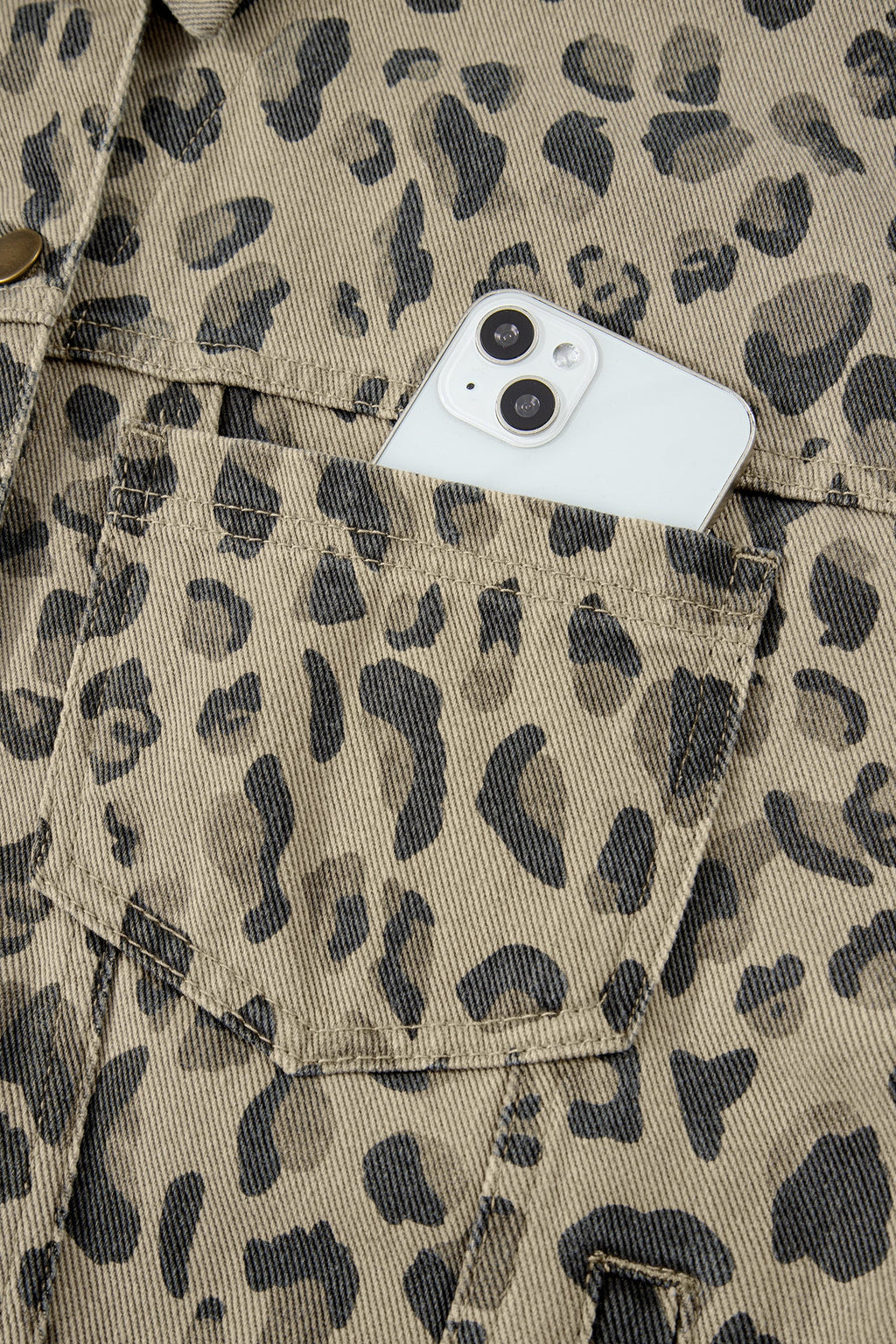 Retro Leopard Seam Button Down Denim Jacket