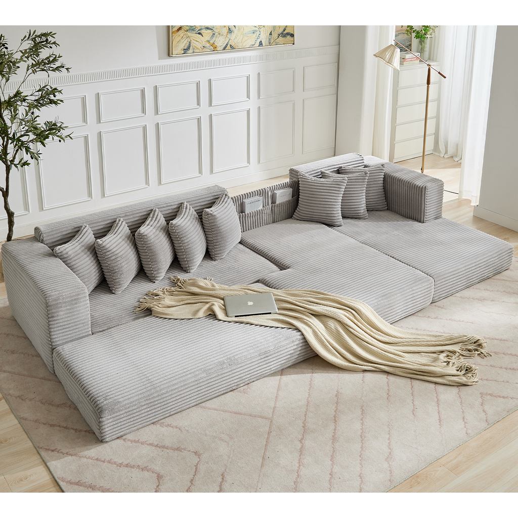 [NEW ARRIVED] [VIDEO PROVIDED] Oversize Cloud Couch, L-Shape Sofa, Convertible Floor Sleeper Sofa Bed, No Assembly ,Eight pillows,3-in-1,Magazine bag,(Right Facing Sofa),3 Seat,Corduroy,Light Gray