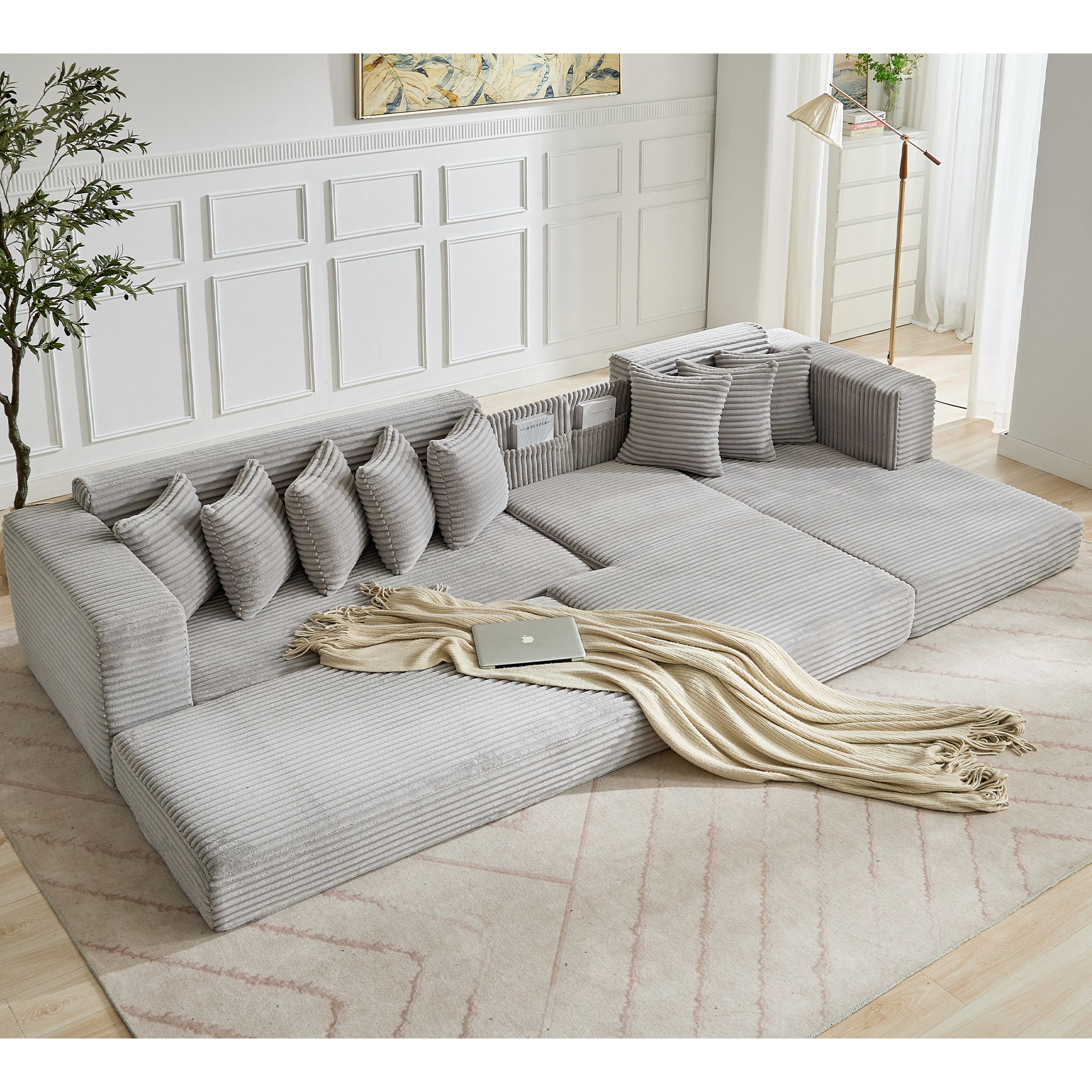 [NEW ARRIVED] [VIDEO PROVIDED] Oversize Cloud Couch, L-Shape Sofa, Convertible Floor Sleeper Sofa Bed, No Assembly ,Eight pillows,3-in-1,Magazine bag,(Right Facing Sofa),3 Seat,Corduroy,Light Gray