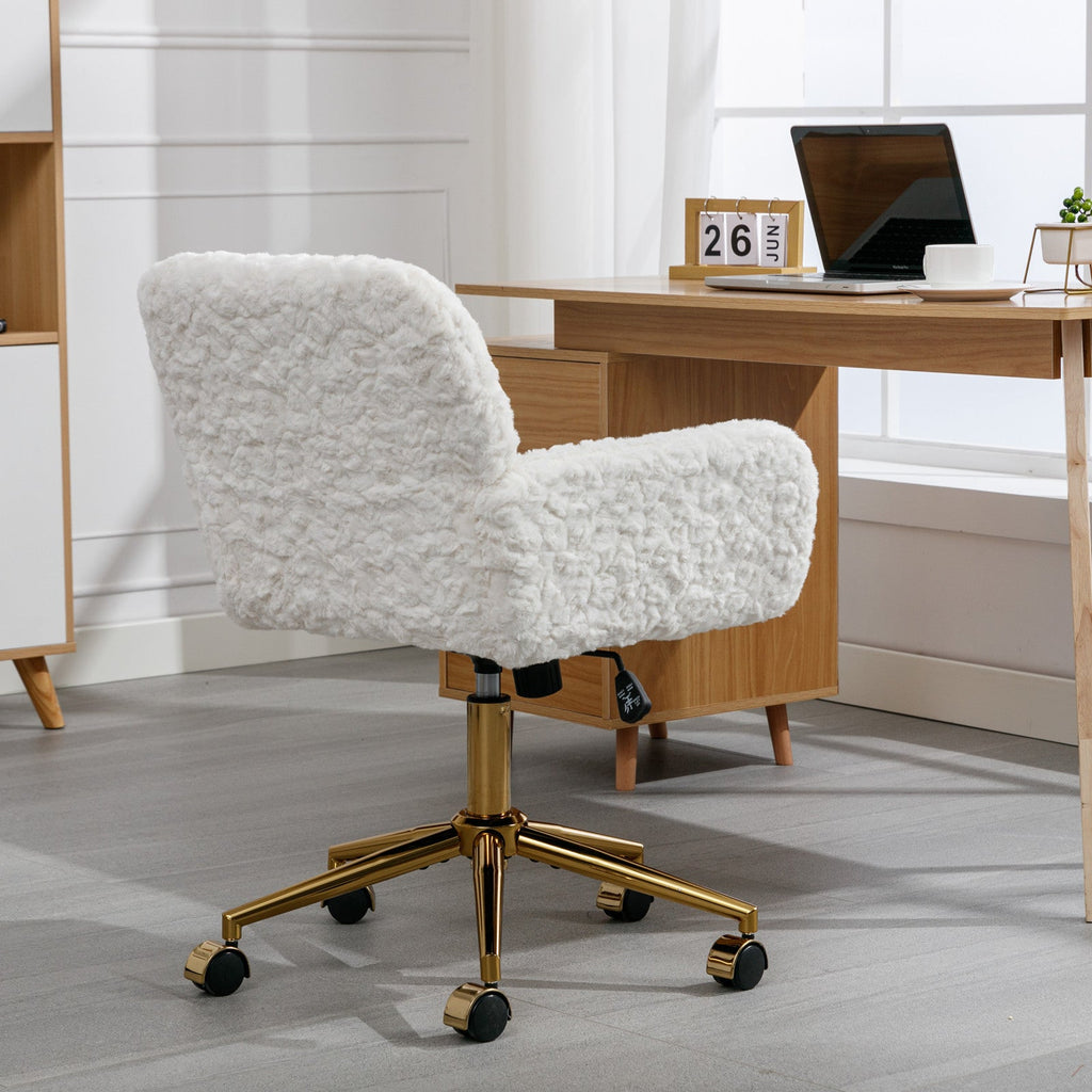 A&A Furniture Artificial Rabbit Hair Office Chair with Golden Metal Base, Adjustable Swivel Vanity Chair, Beige Velvet