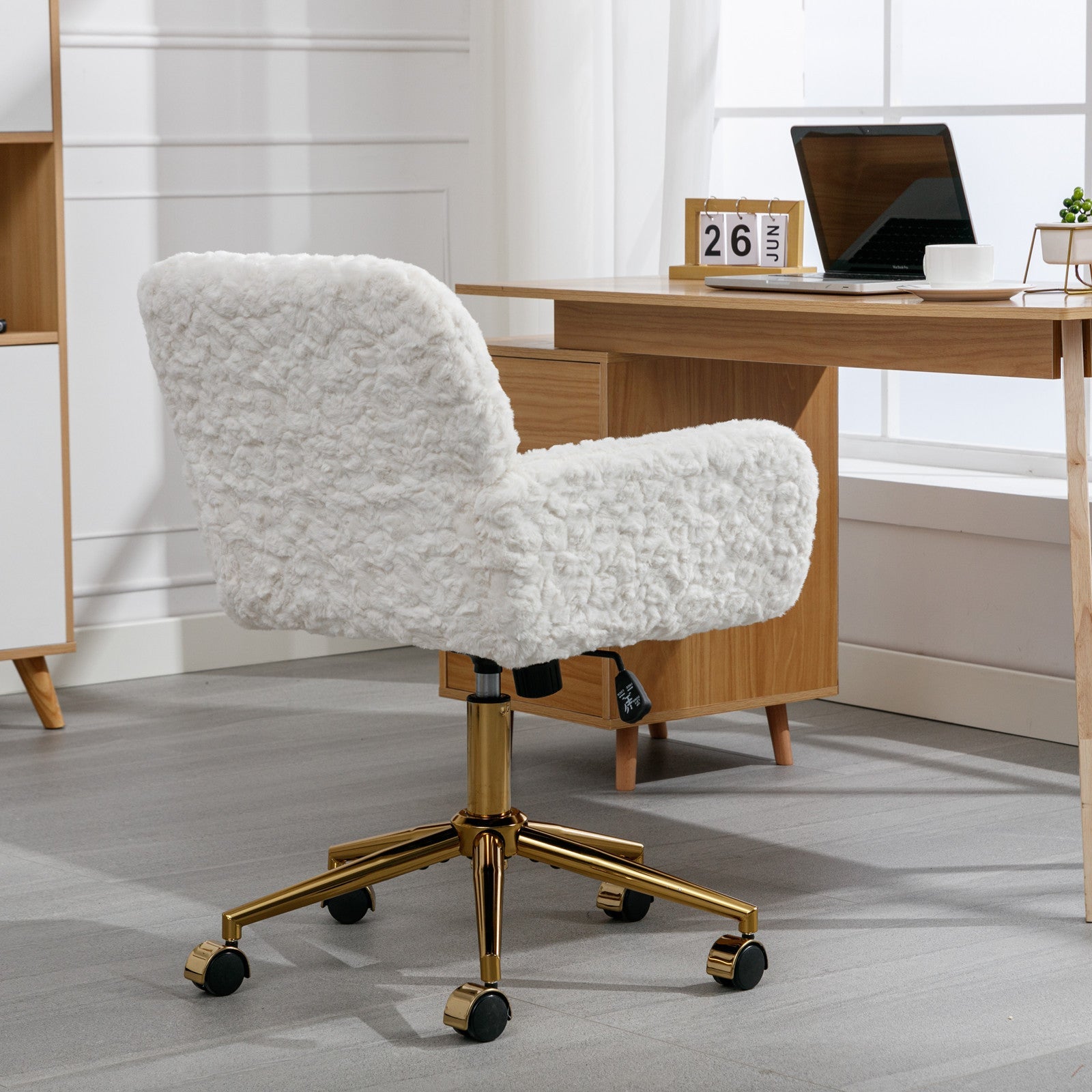 A&A Furniture Artificial Rabbit Hair Office Chair with Golden Metal Base, Adjustable Swivel Vanity Chair, Beige Velvet