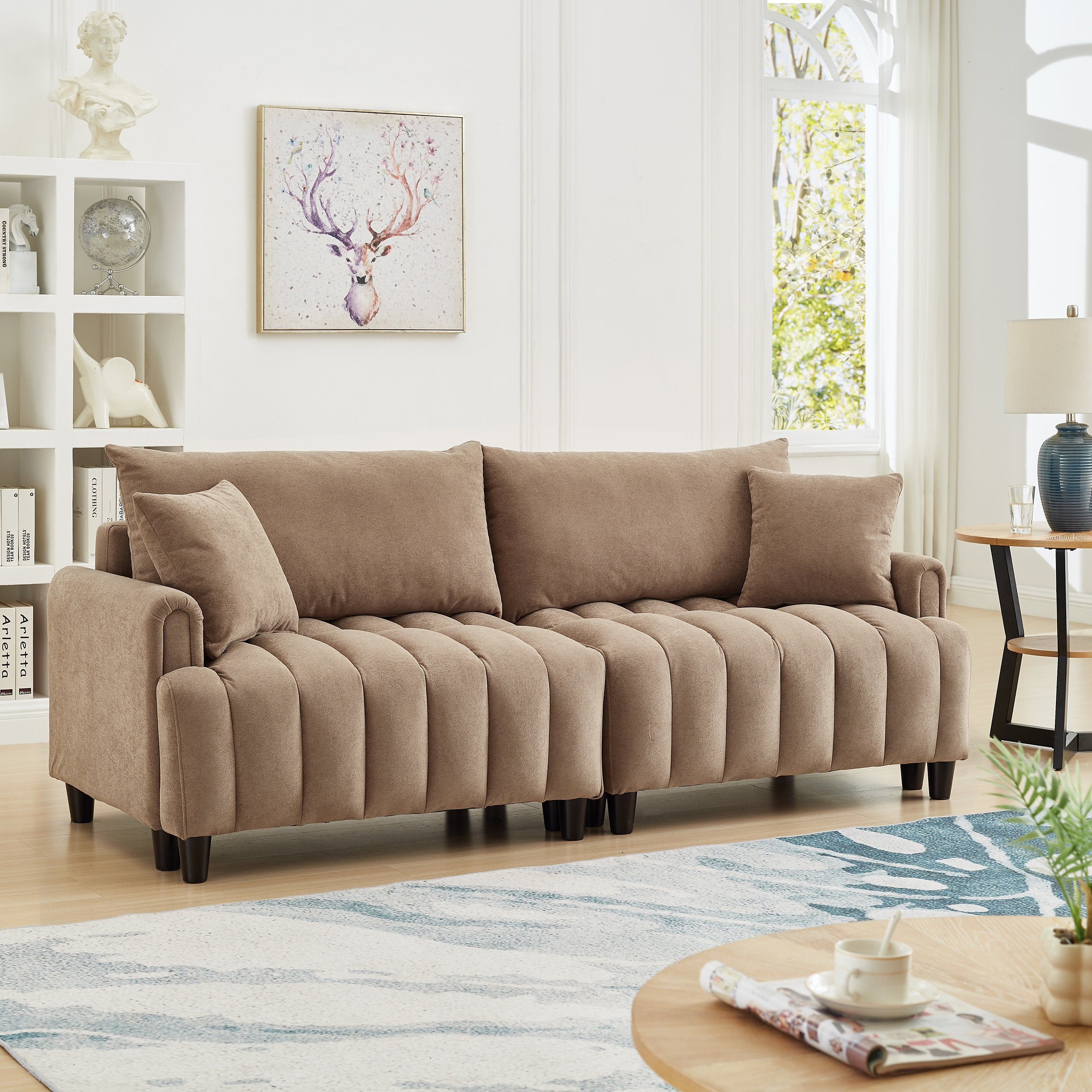 83''  Futon Sofa Bed, Polyester Fabric Comfy Futon Couch Bed with 2 Square Pillows, Convertible Sleeper Sofa with Adjustable Backrest,  Modern Loveseat Sleeper for Living Room, Brown