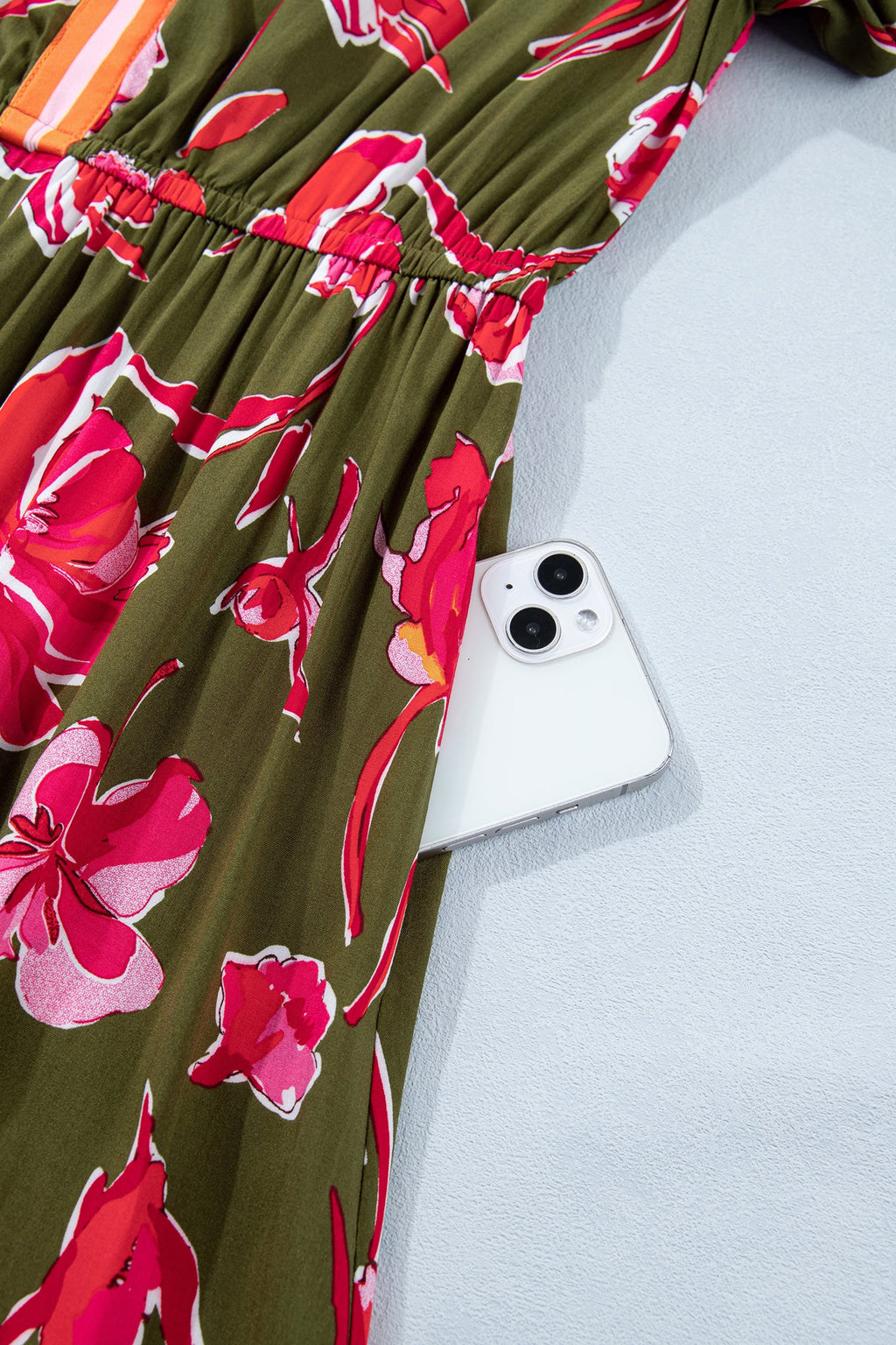 Floral Stripe Trim Short Puff Sleeve Maxi Dress