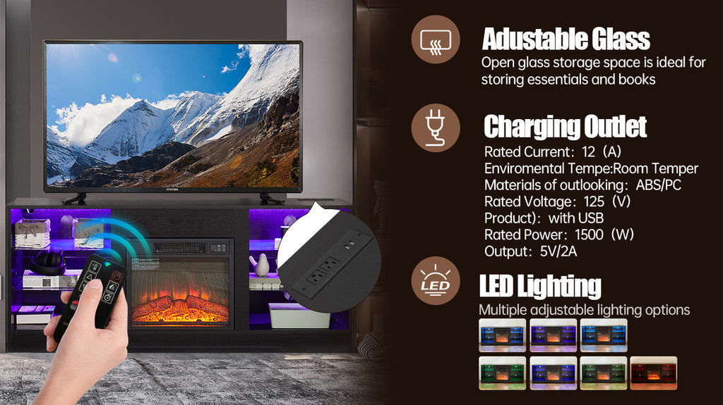 TV Stand Electric Fireplace TV Stand with Glass Shelves, 3D Fireplace TV Stand with LED Lights Wood with USB Charging Outlet Modern Television Table Center for TV up to 32-62' Black 58''W*15.4''D*24.4