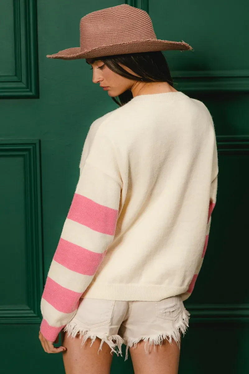 BiBi Colorful Floral Patched Sweater With Striped Sleeves