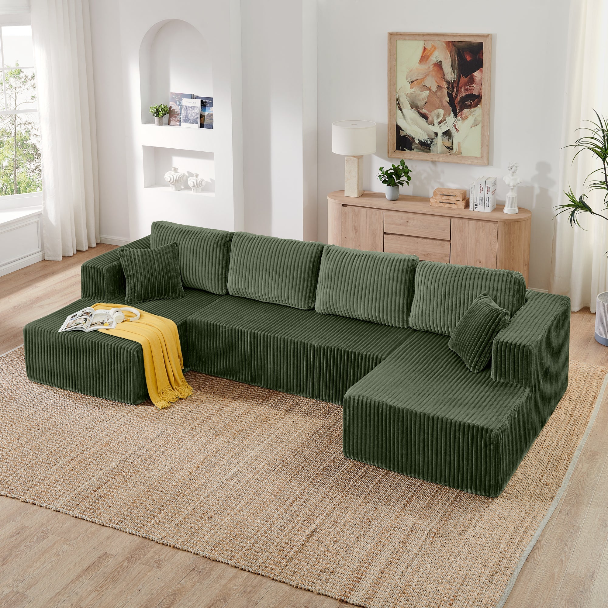 Modern Minimalist U Shape Modular Sectional Sofa Sleeper in Green Corduroy with Foam Filling