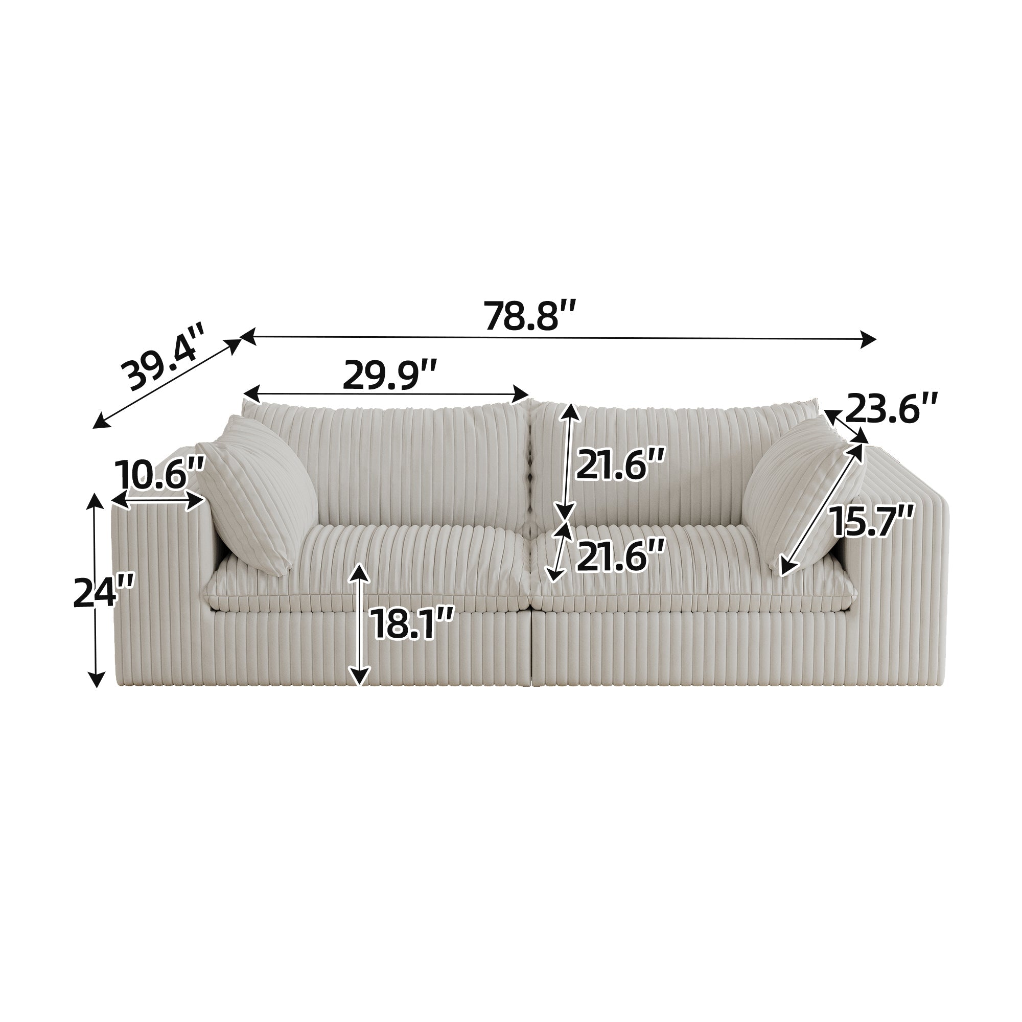 39.8' Cloud Sofa,Corduroy Fabric,Deep Seat Couches,Double-layer design,Removable  Cushion,No Assembly, DIY Combination for Living room, Bedroom,Conference room ,Apartment,White