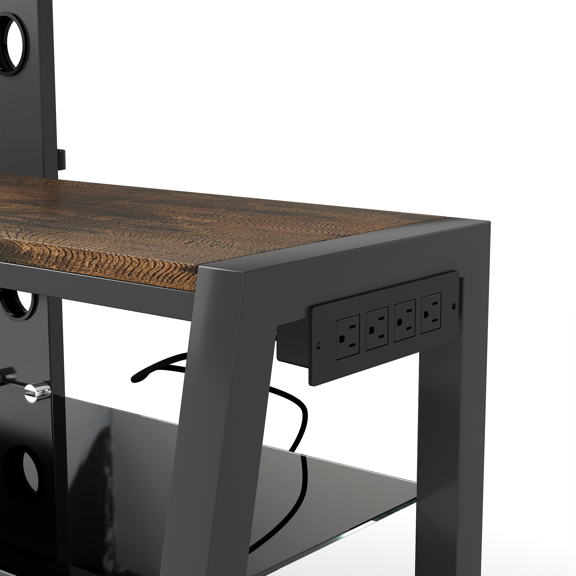 Wooden Storage TV Stand Black Tempered Glass Height Adjustable Universal Swivel Entertainment Center With Mount TV Stand, Rustic Browm