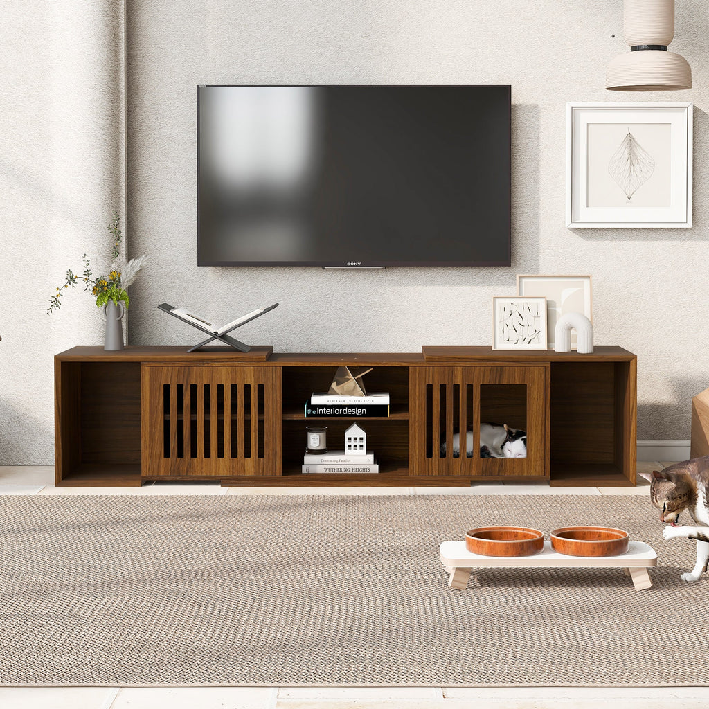 Mid-Century Modern 2 in 1 Cat Furniture, Cat House Litter Box Enclosure Walnut TV Stand With Extendable table, Sliding door. Wood TV Cabinet with Storage