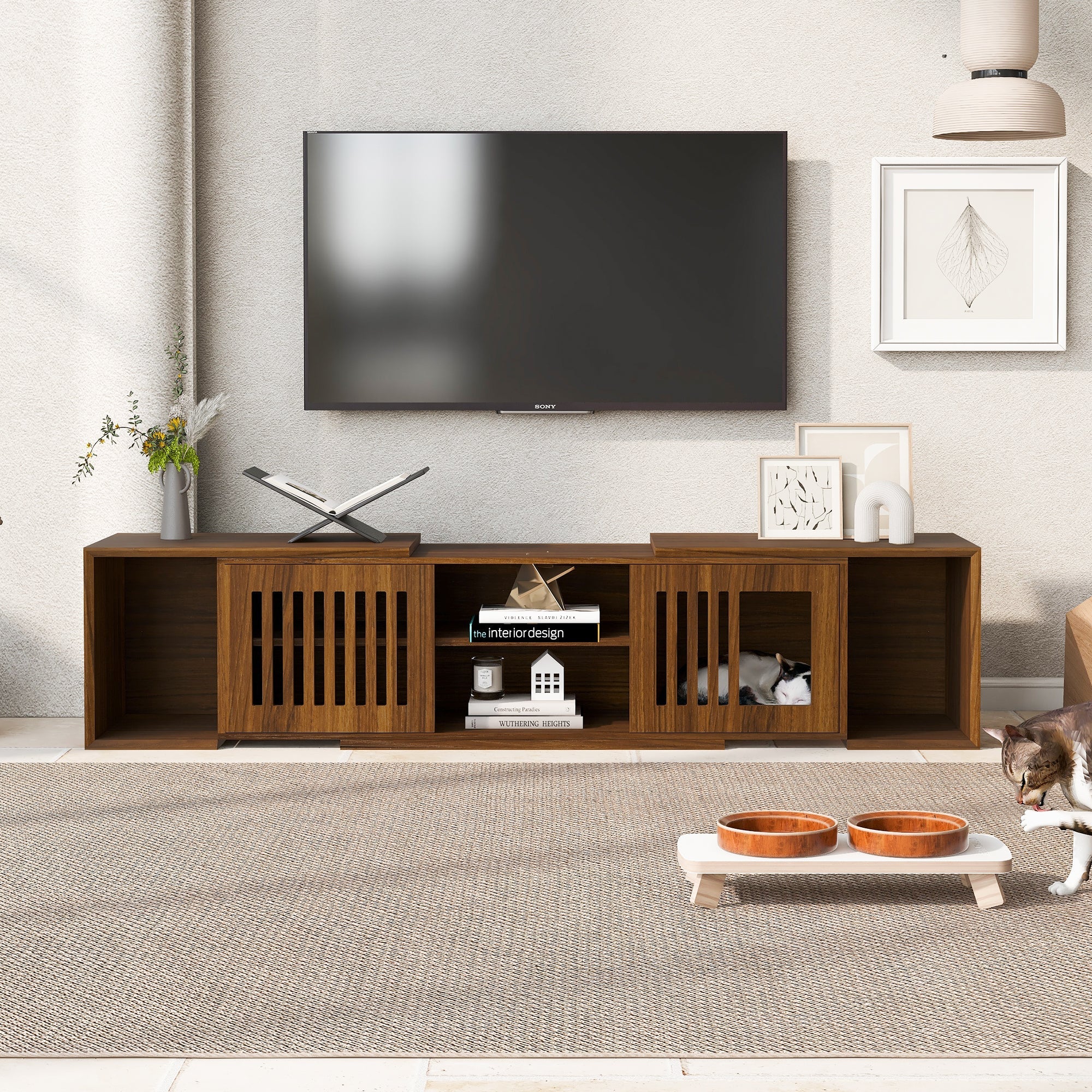 Mid-Century Modern 2 in 1 Cat Furniture, Cat House Litter Box Enclosure Walnut TV Stand With Extendable table, Sliding door. Wood TV Cabinet with Storage