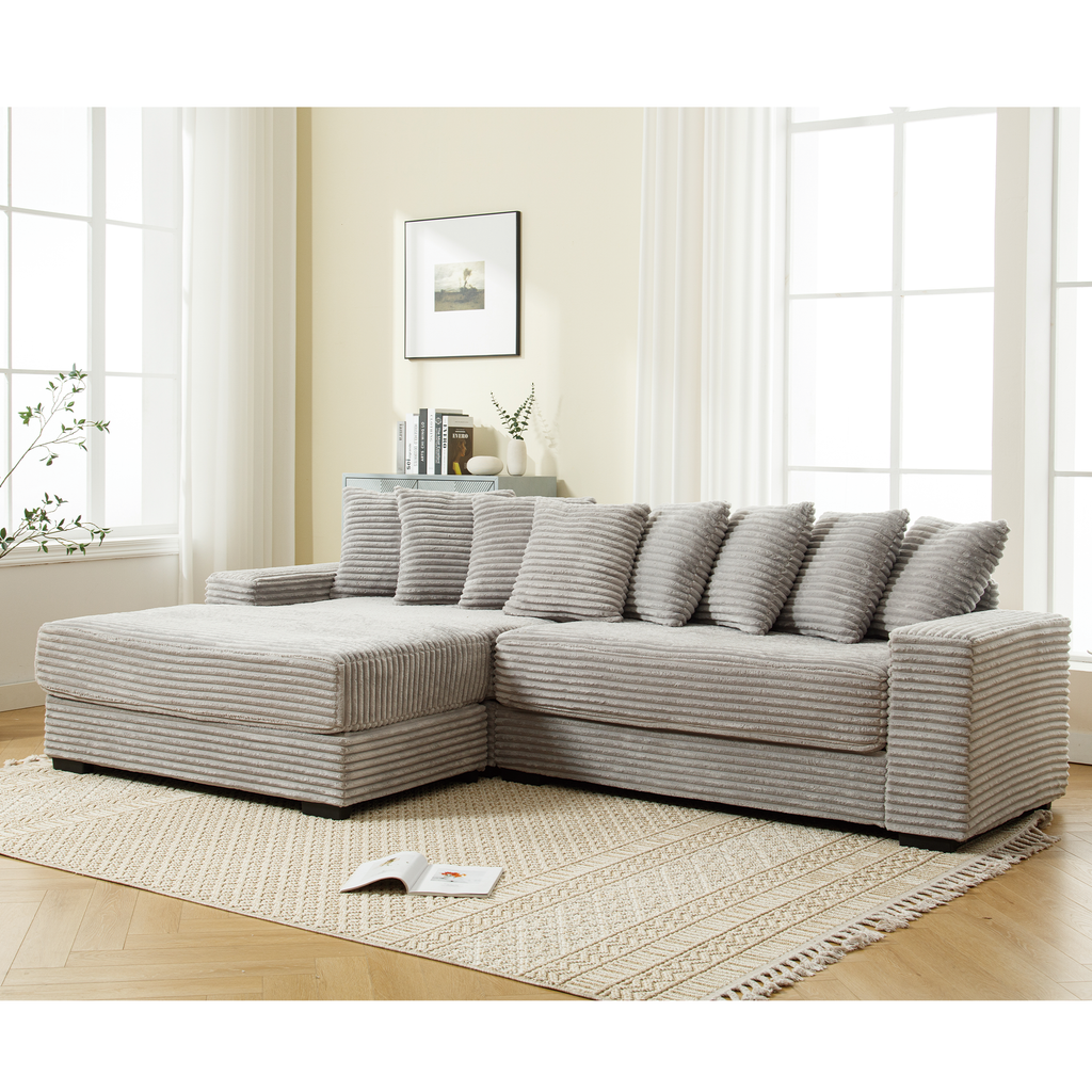 [NEW ARRIVED] [VIDEO PROVIDED] Oversized Two-Piece  Couches,  L Shaped Sofa, Corduroy, Left Chaise Daybed,with Armrests,Eight Throw Pillows,Corner Sofa,Easy To Assemble,  Gray